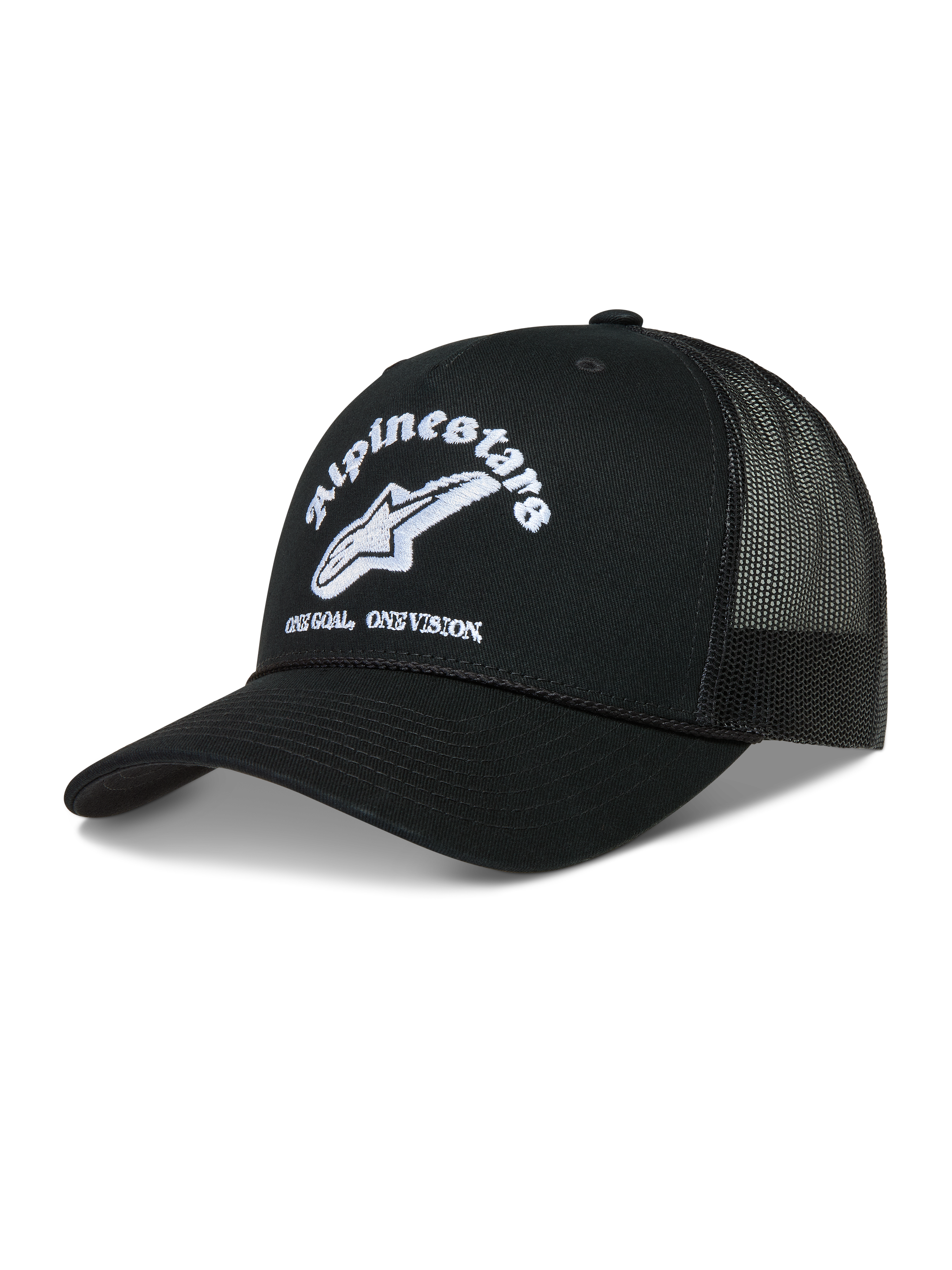 Alpinestars Baron cappellino trucker, cappello nero con logo bianco ricamato, visiera curva e retro in rete traspirante