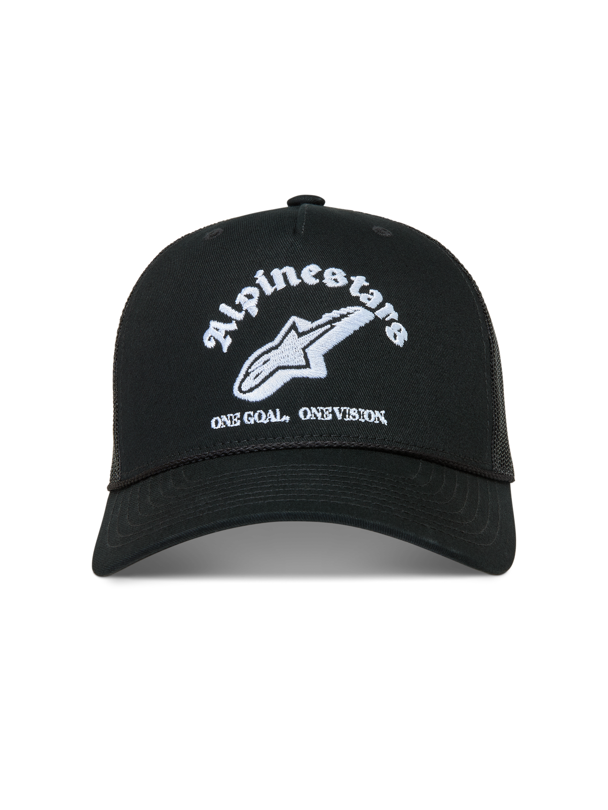 Alpinestars Baron Cappellino Trucker, cappello nero con logo bianco ricamato, visiera curva e retro in rete traspirante.