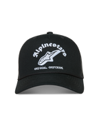 Alpinestars Baron Cappellino Trucker, cappello nero con logo bianco ricamato, visiera curva e retro in rete traspirante.