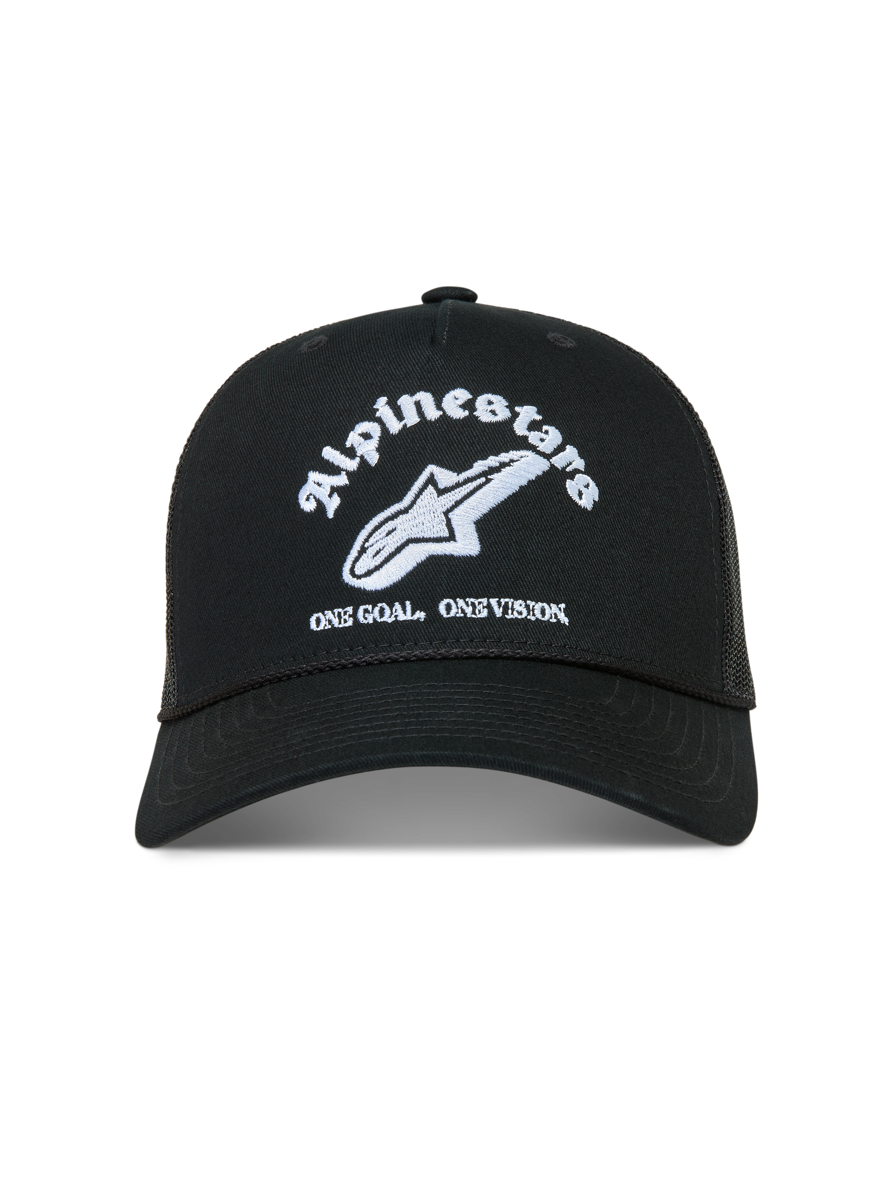 Alpinestars Baron Cappellino Trucker, cappello nero con logo bianco ricamato, visiera curva e retro in rete traspirante.
