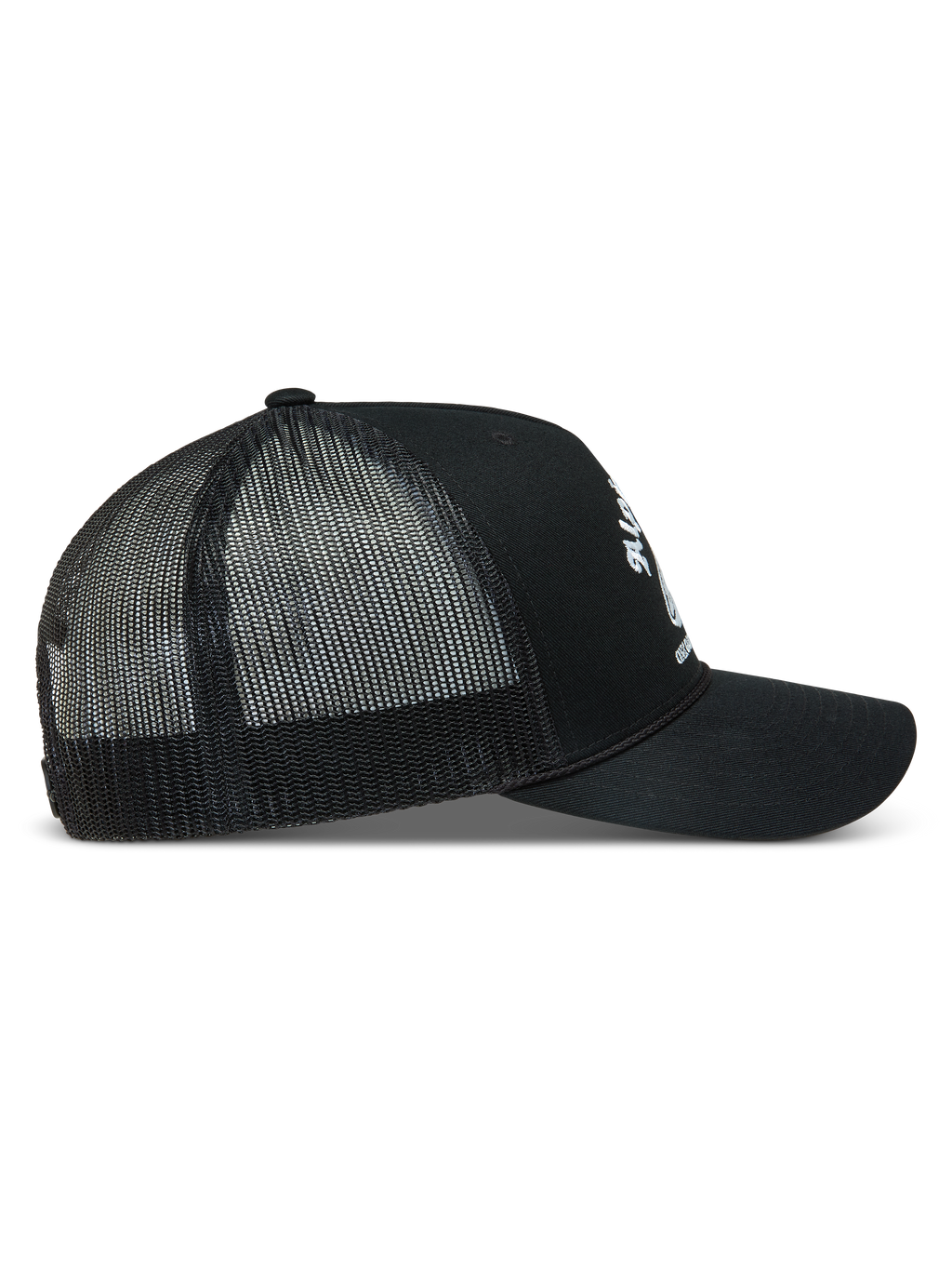Alpinestars Baron Cappellino Trucker, cappello nero con visiera curva e retro in rete, vista laterale con logo bianco