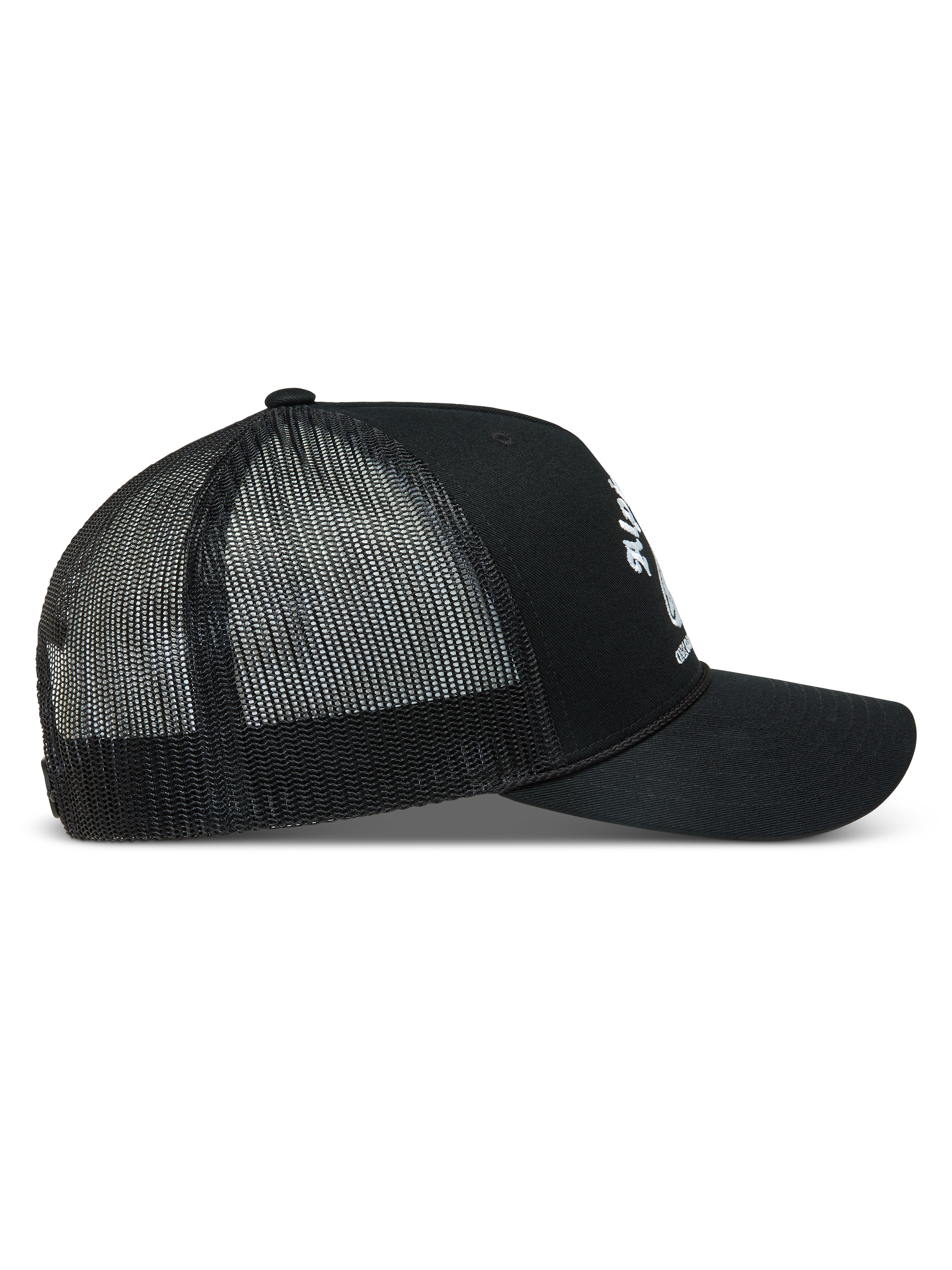 Alpinestars Baron Cappellino Trucker, cappello nero con visiera curva e retro in rete, vista laterale con logo bianco