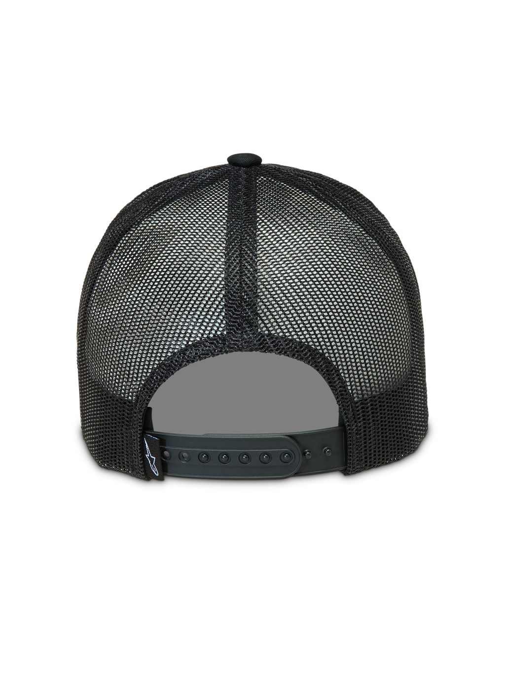 Alpinestars Baron cappellino trucker, vista posteriore, nero, rete in poliestere traspirante e chiusura snapback regolabile