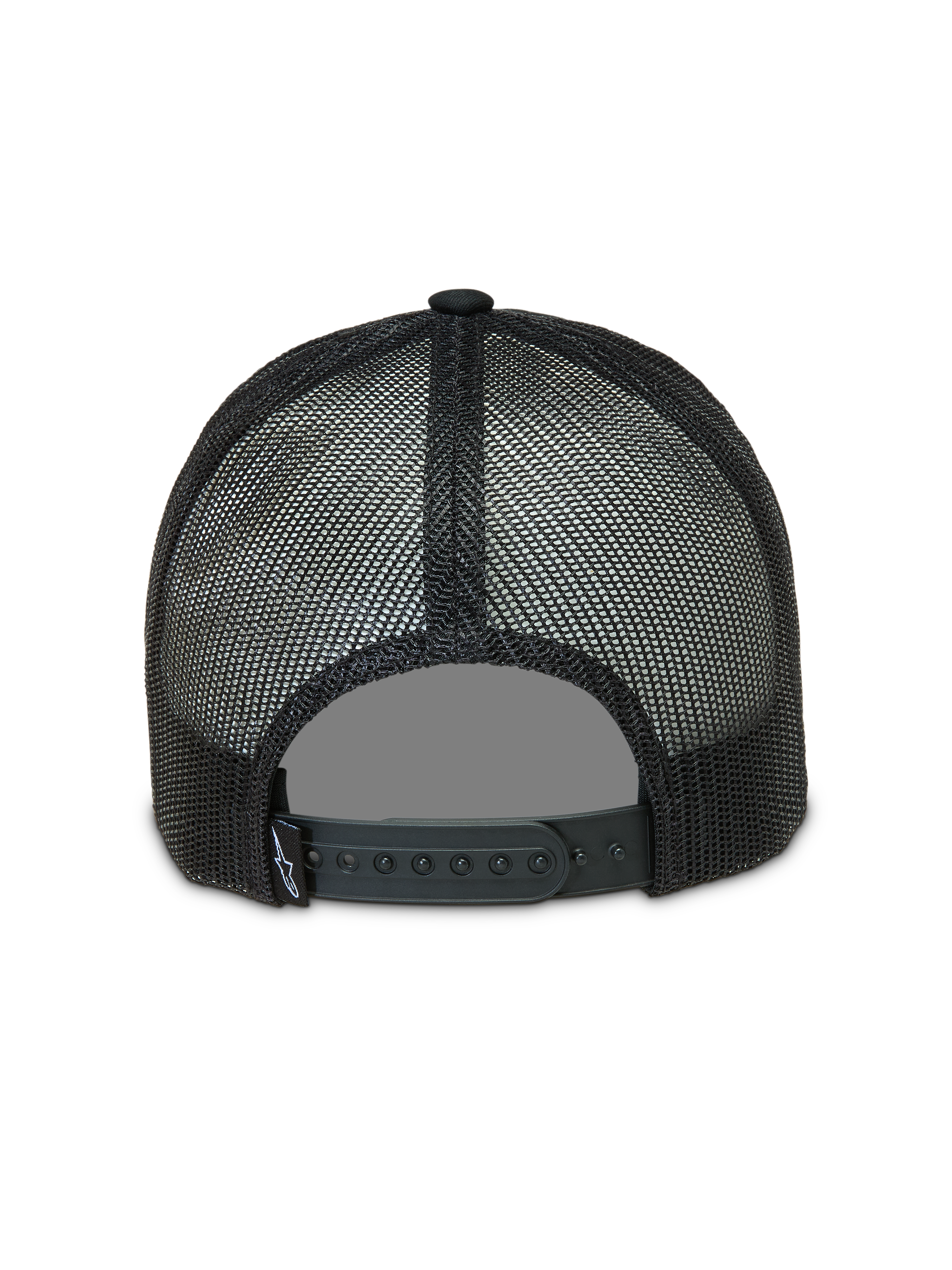 Alpinestars Baron cappellino trucker, vista posteriore, nero, rete in poliestere traspirante e chiusura snapback regolabile