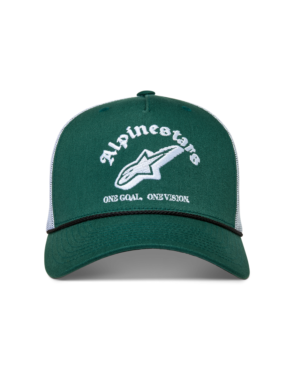 Alpinestars Baron Cappellino Trucker, cappello verde e bianco con visiera curva, corona strutturata in twill e retro in rete.