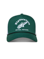 Alpinestars Baron Cappellino Trucker, cappello verde e bianco con visiera curva, corona strutturata in twill e retro in rete.