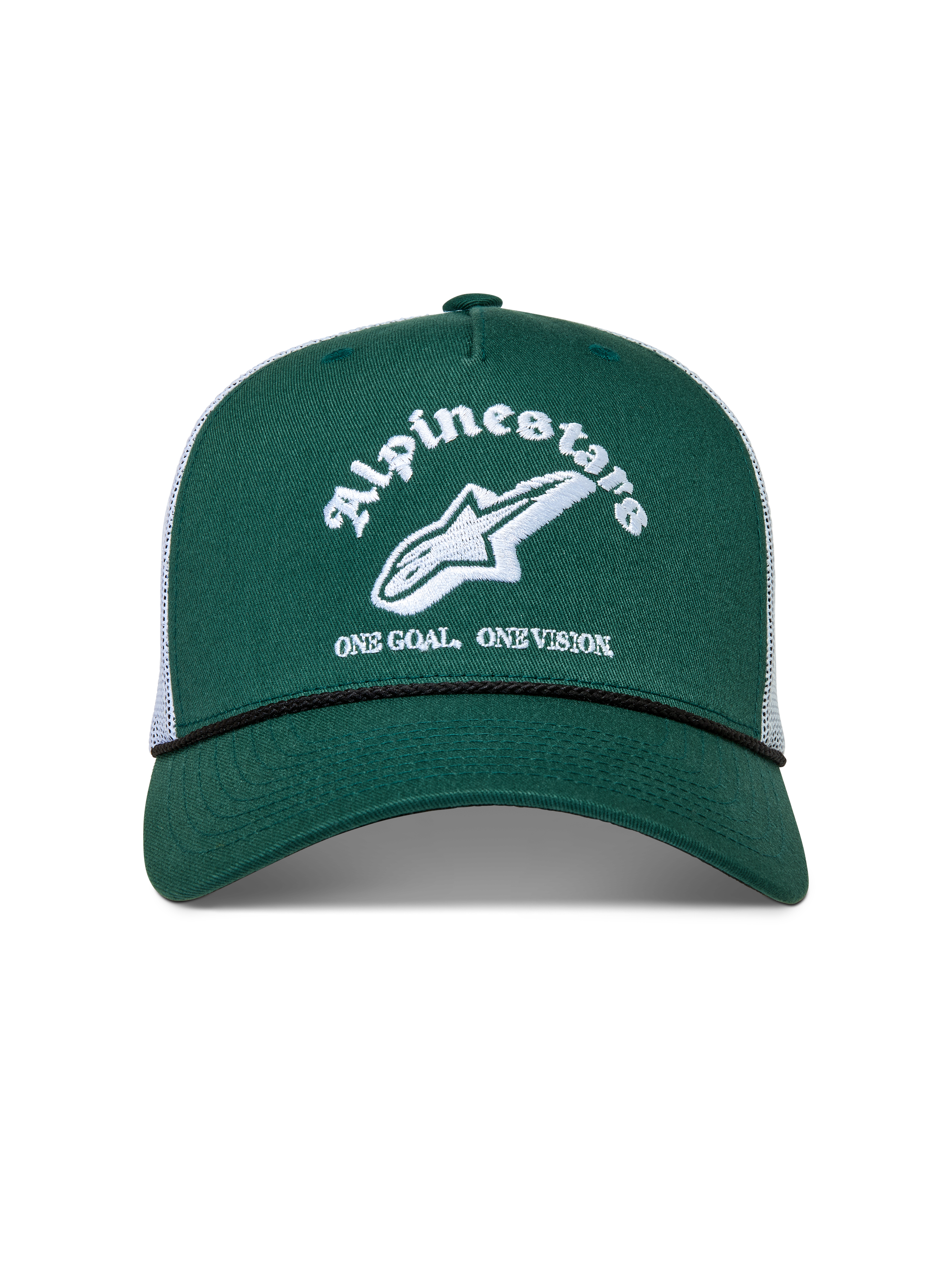 Alpinestars Baron Cappellino Trucker, cappello verde e bianco con visiera curva, corona strutturata in twill e retro in rete.