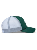 Alpinestars Baron Cappellino Trucker, cappello sportivo verde e bianco con visiera curva, corona strutturata e retro in rete bianca traspirante.