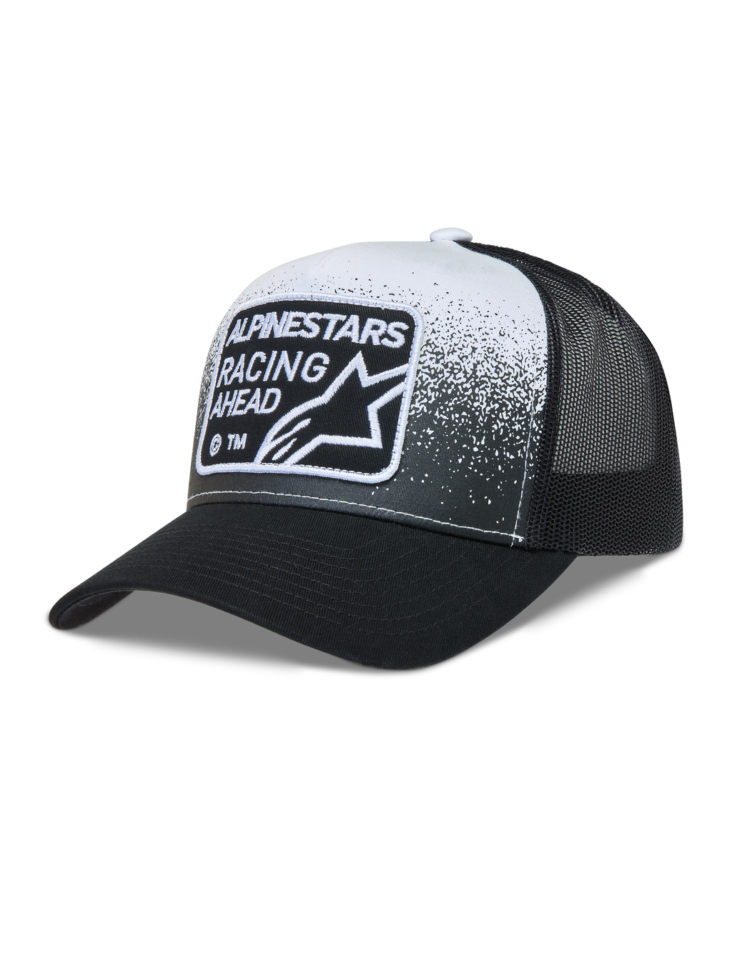 Alpinestars Gravel Cappellino Trucker, cappello nero e bianco con visiera curva, retro in rete e patch Racing Ahead.