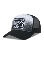 Alpinestars Gravel Cappellino Trucker, cappello nero e bianco con visiera curva, retro in rete e patch Racing Ahead.