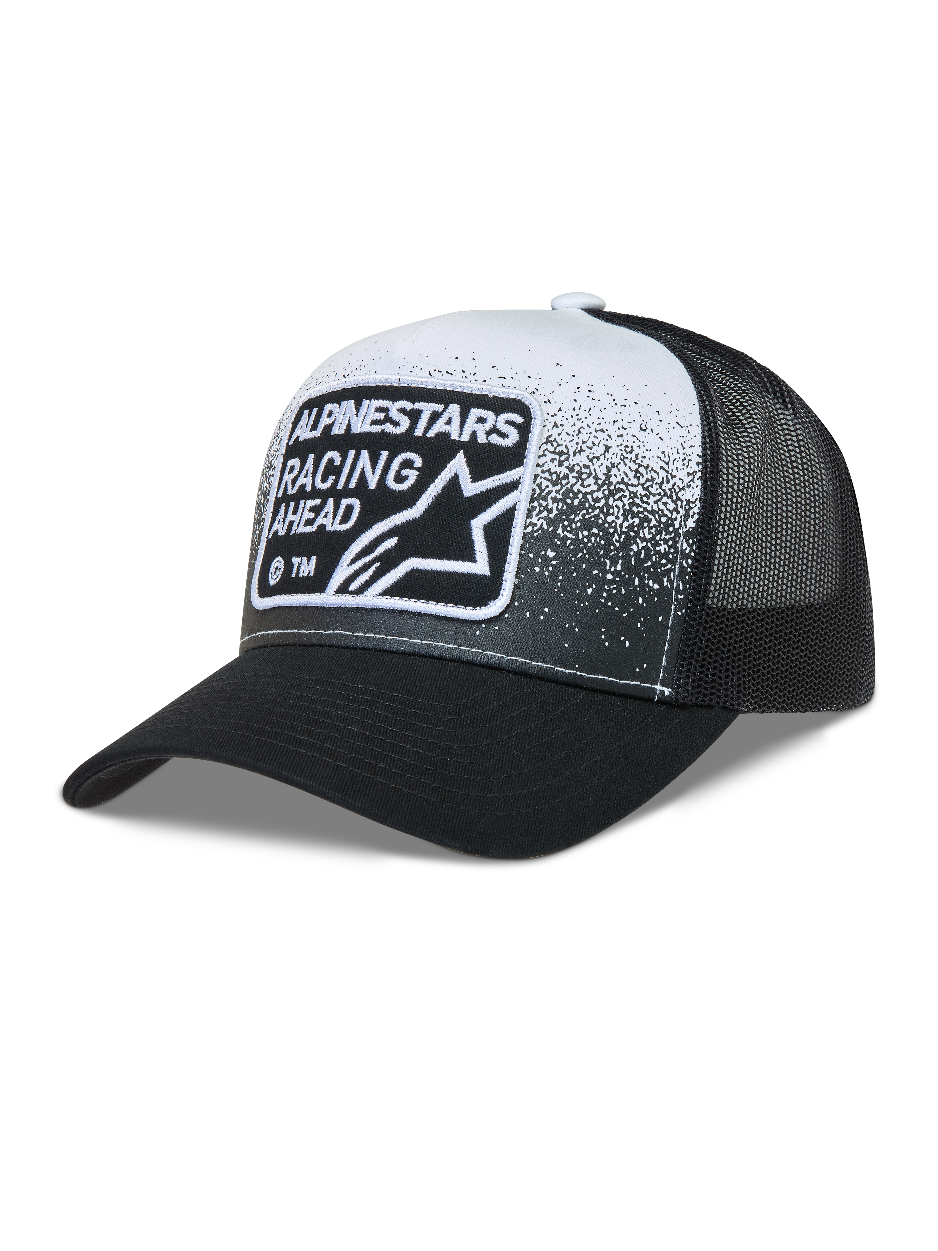 Alpinestars Gravel Cappellino Trucker, cappello nero e bianco con visiera curva, retro in rete e patch Racing Ahead.