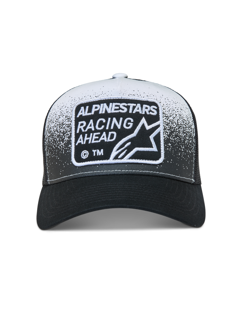 Alpinestars Gravel Cappellino Trucker, cappello nero e bianco con retro in rete, stampa ghiaia e patch Racing Ahead.