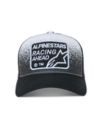 Alpinestars Gravel Cappellino Trucker, cappello nero e bianco con retro in rete, stampa ghiaia e patch Racing Ahead.