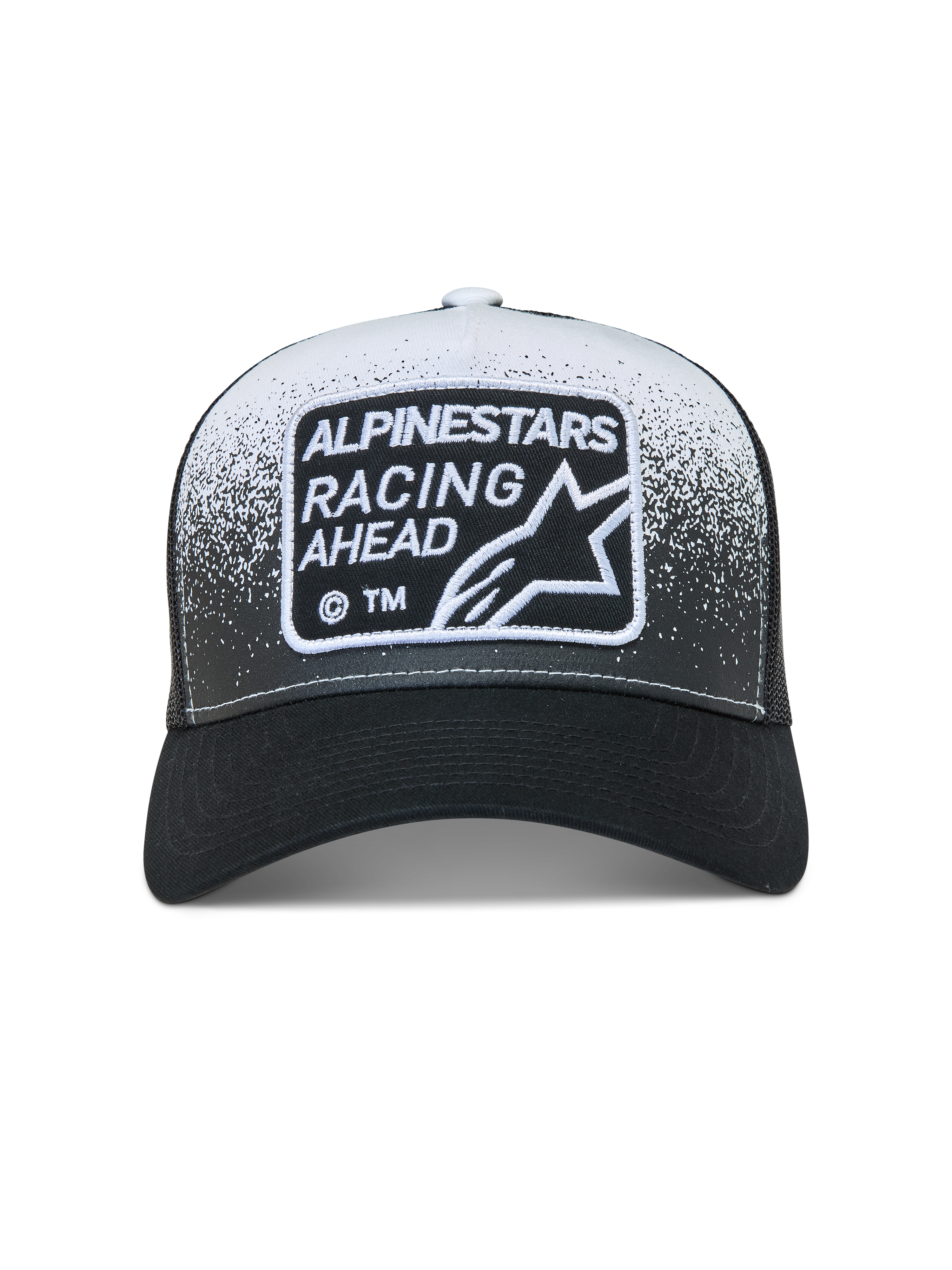 Alpinestars Gravel Cappellino Trucker, cappello nero e bianco con retro in rete, stampa ghiaia e patch Racing Ahead.