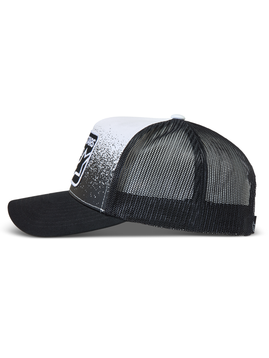 Alpinestars Gravel Cappellino Trucker, cappello nero e bianco con retro in rete, visiera curva e stampa effetto ghiaia.