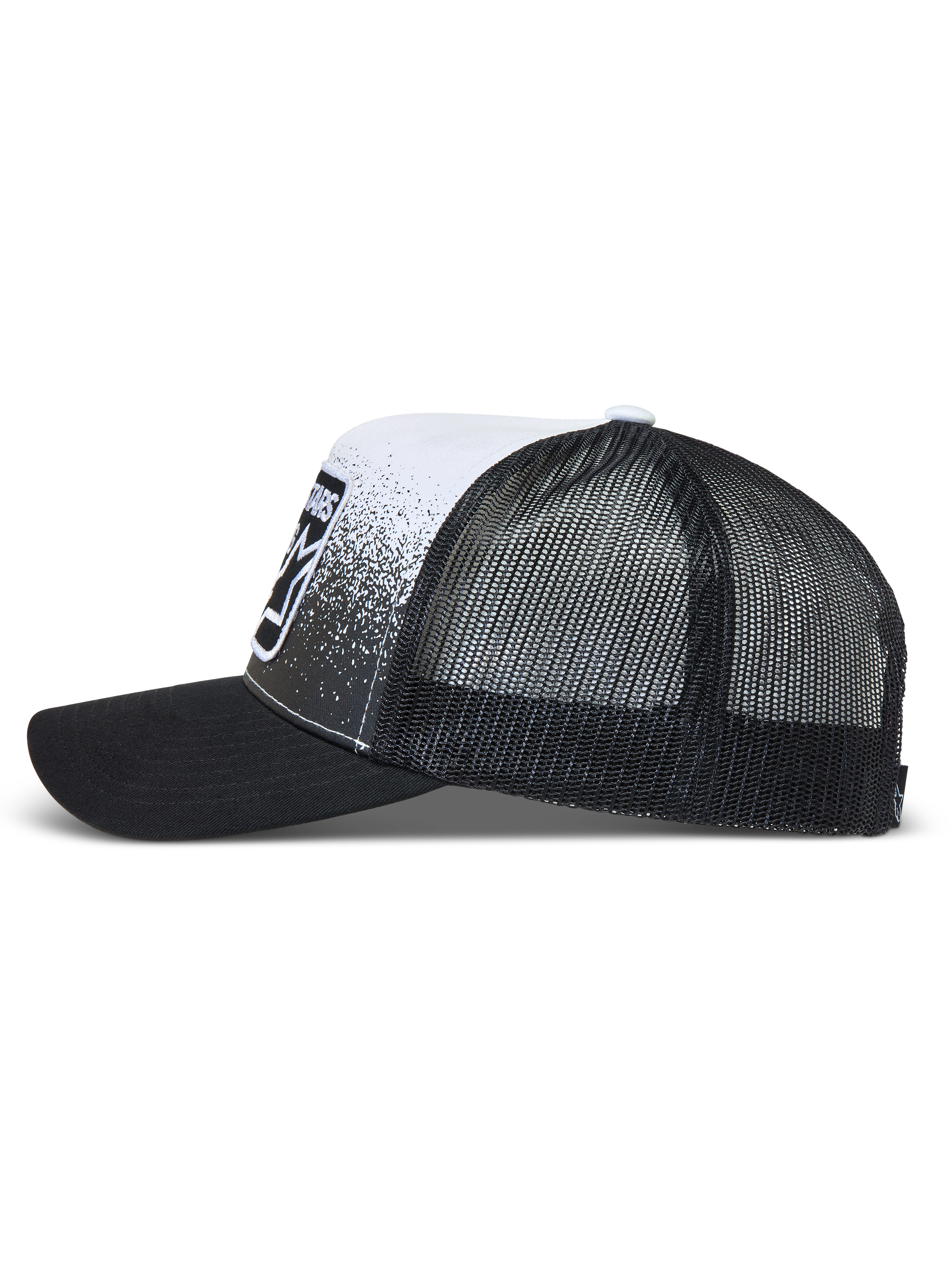 Alpinestars Gravel Cappellino Trucker, cappello nero e bianco con retro in rete, visiera curva e stampa effetto ghiaia.