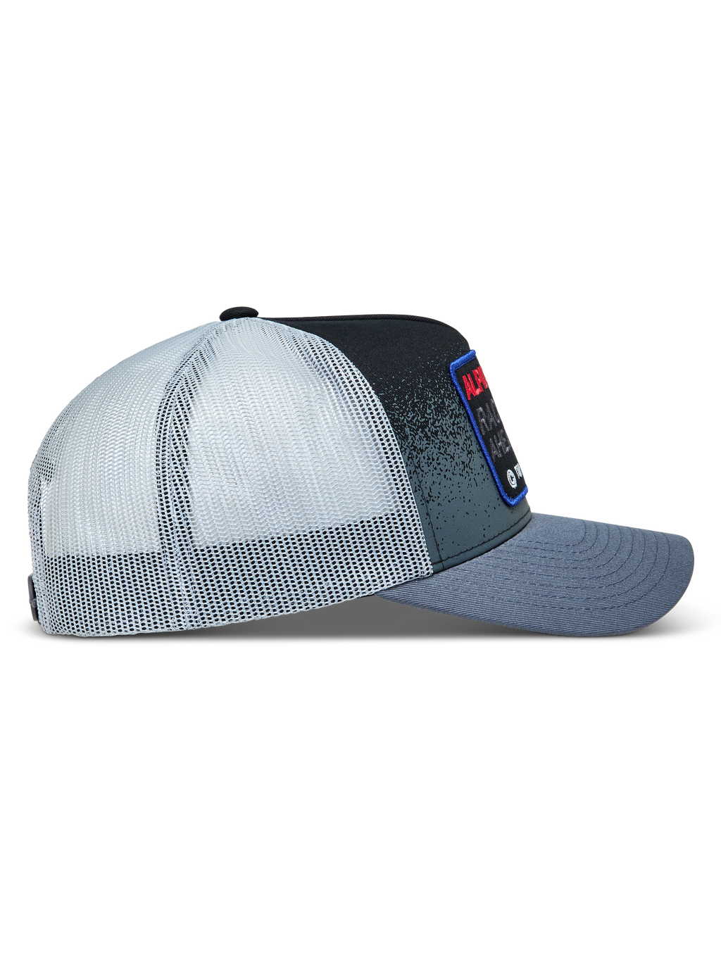 Alpinestars Gravel Cappellino Trucker, cappello grigio scuro e nero con retro in rete bianca e visiera curva, vista laterale