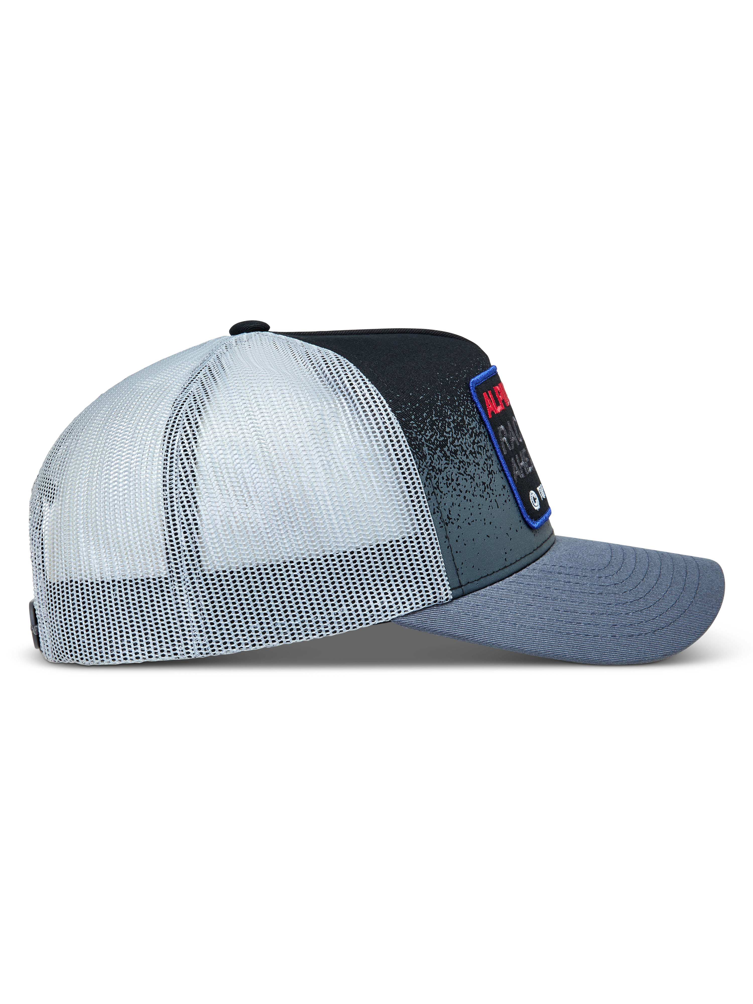 Alpinestars Gravel Cappellino Trucker, cappello grigio scuro e nero con retro in rete bianca e visiera curva, vista laterale