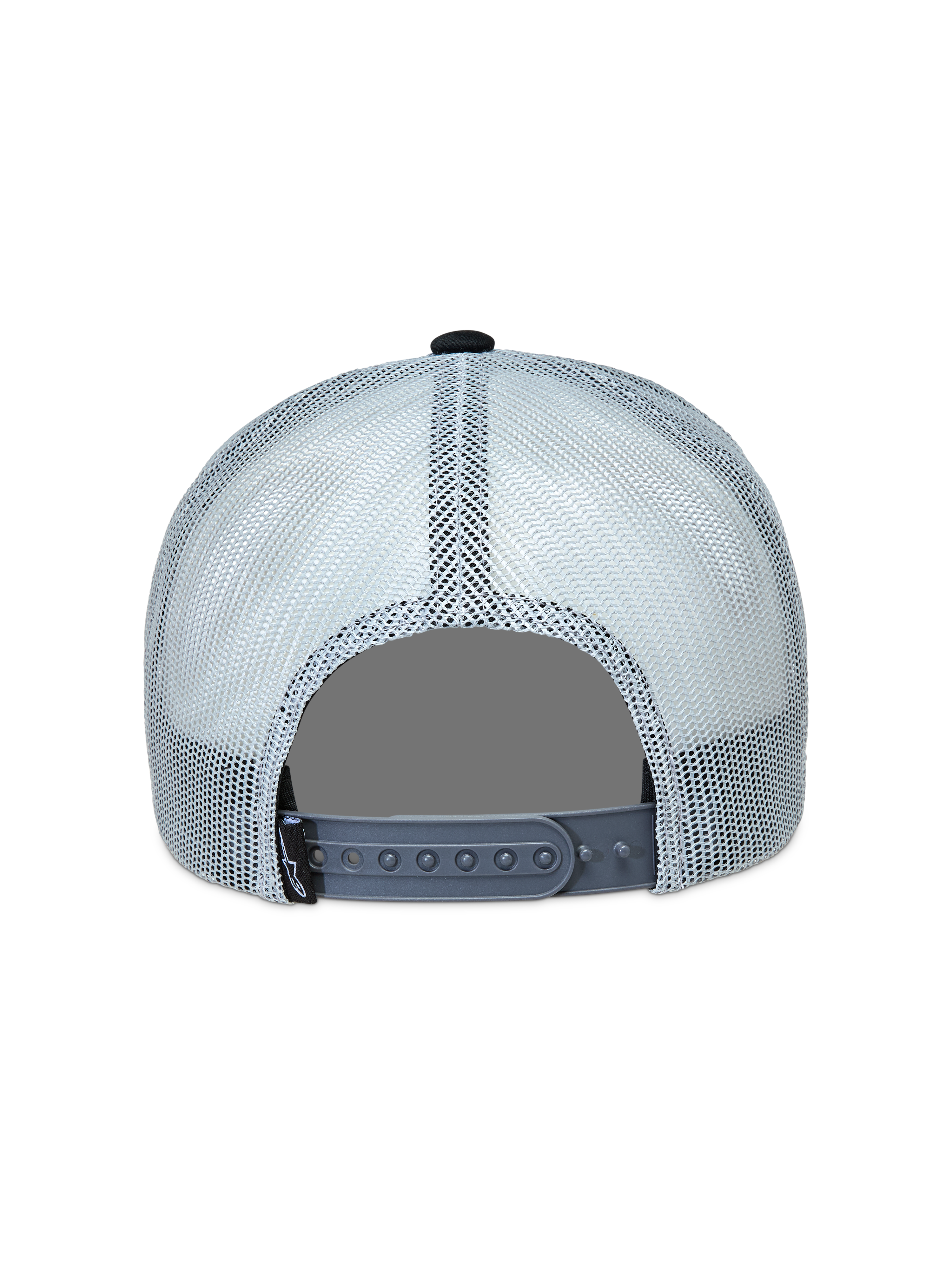 Alpinestars Gravel Cappellino Trucker, vista posteriore con rete grigia traspirante e chiusura snapback nera regolabile.