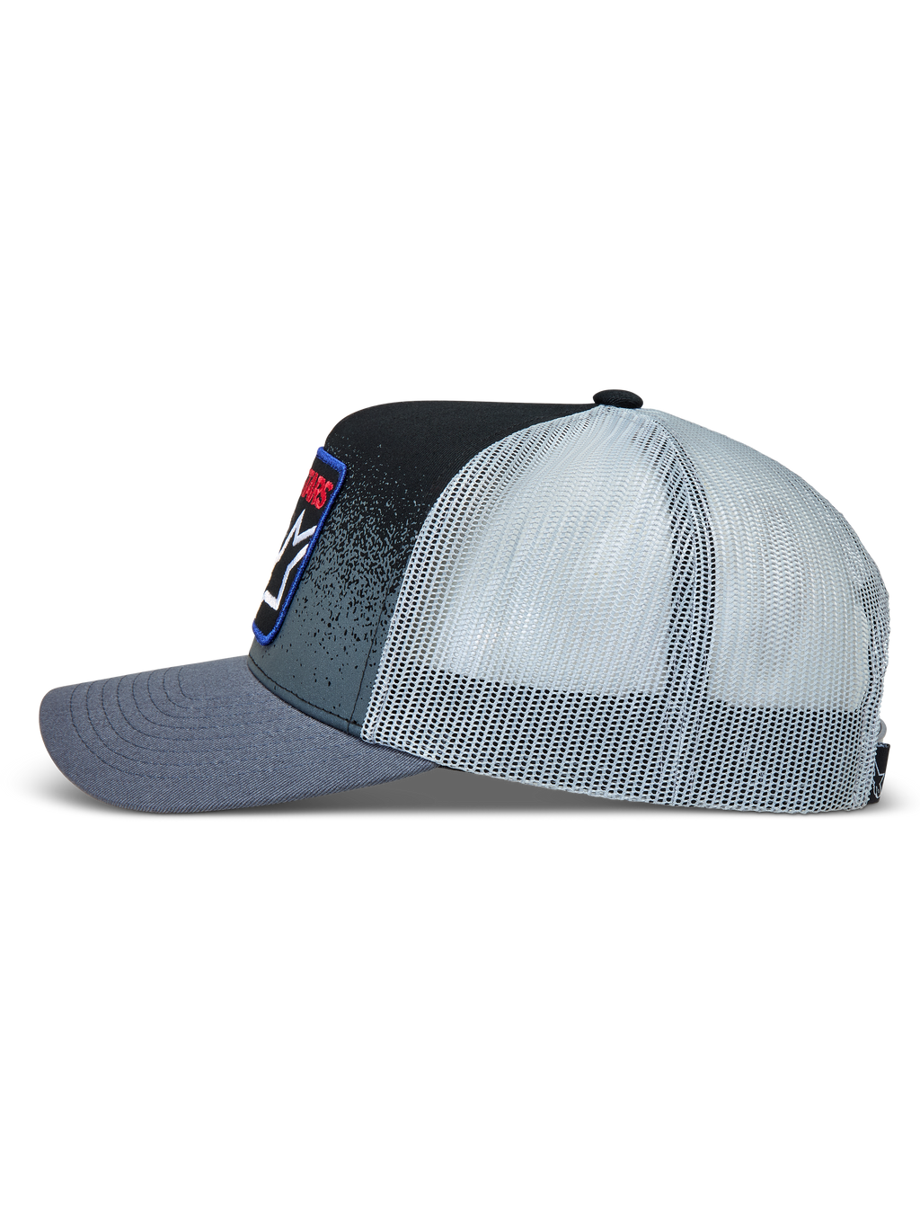 Alpinestars Gravel Cappellino Trucker, cappello sportswear grigio scuro e nero, frontale in twill con stampa texture ghiaia e retro in rete traspirante