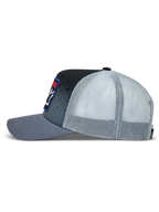 Alpinestars Gravel Cappellino Trucker, cappello sportswear grigio scuro e nero, frontale in twill con stampa texture ghiaia e retro in rete traspirante
