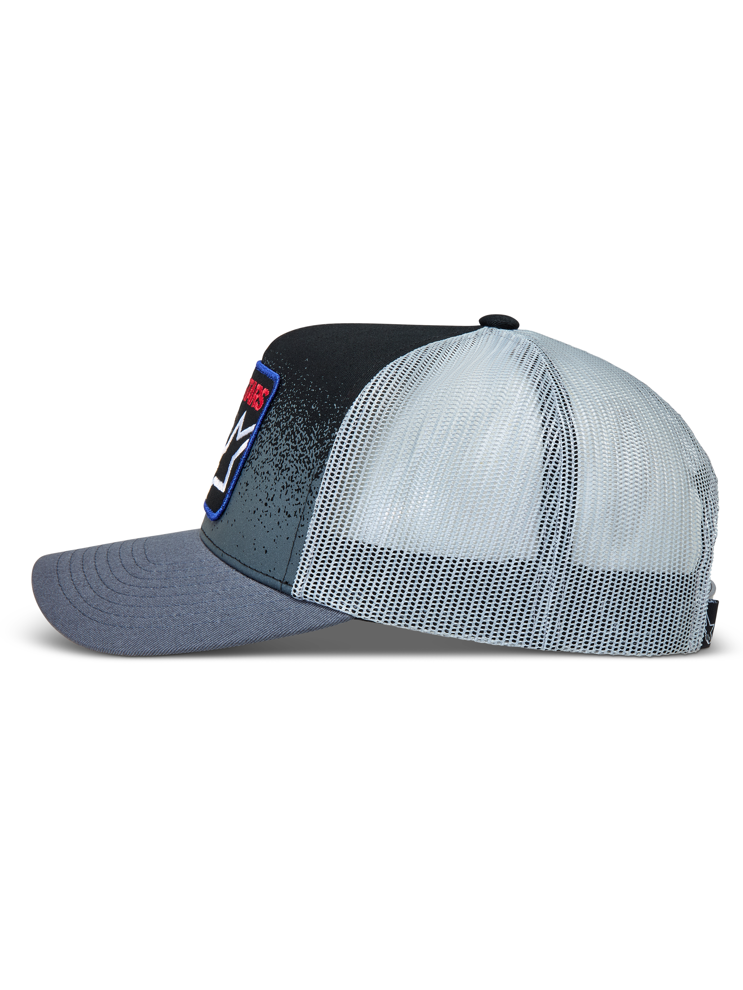 Alpinestars Gravel Cappellino Trucker, cappello sportswear grigio scuro e nero, frontale in twill con stampa texture ghiaia e retro in rete traspirante