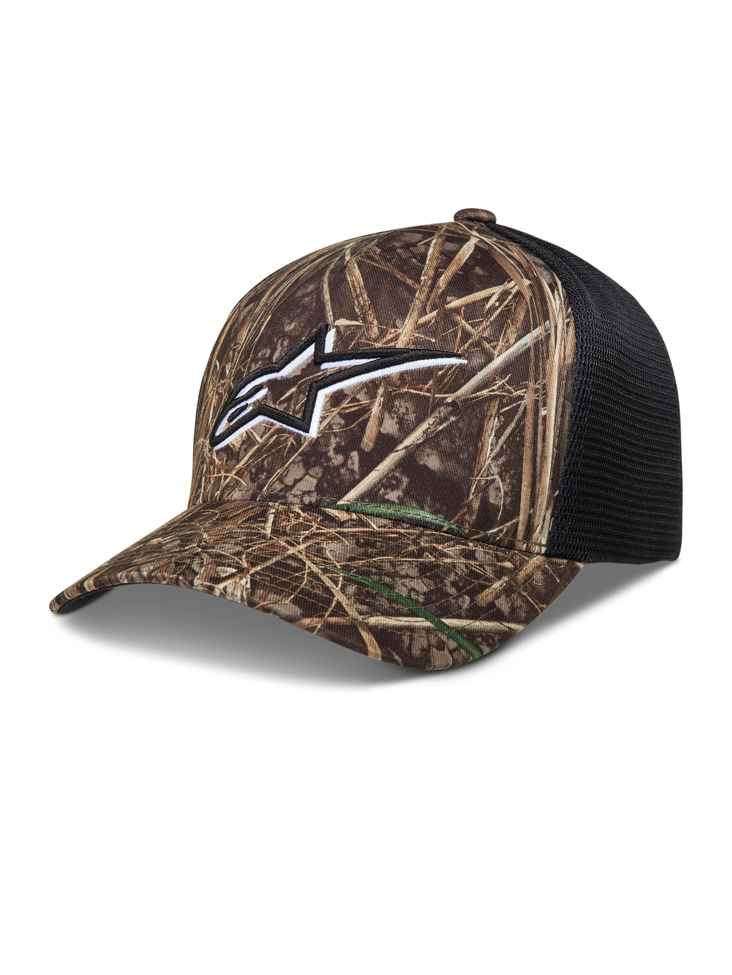 Alpinestars Thicket Realtree Cappellino Trucker, mimetico e nero con logo Astars bianco, visiera curva e retro in rete