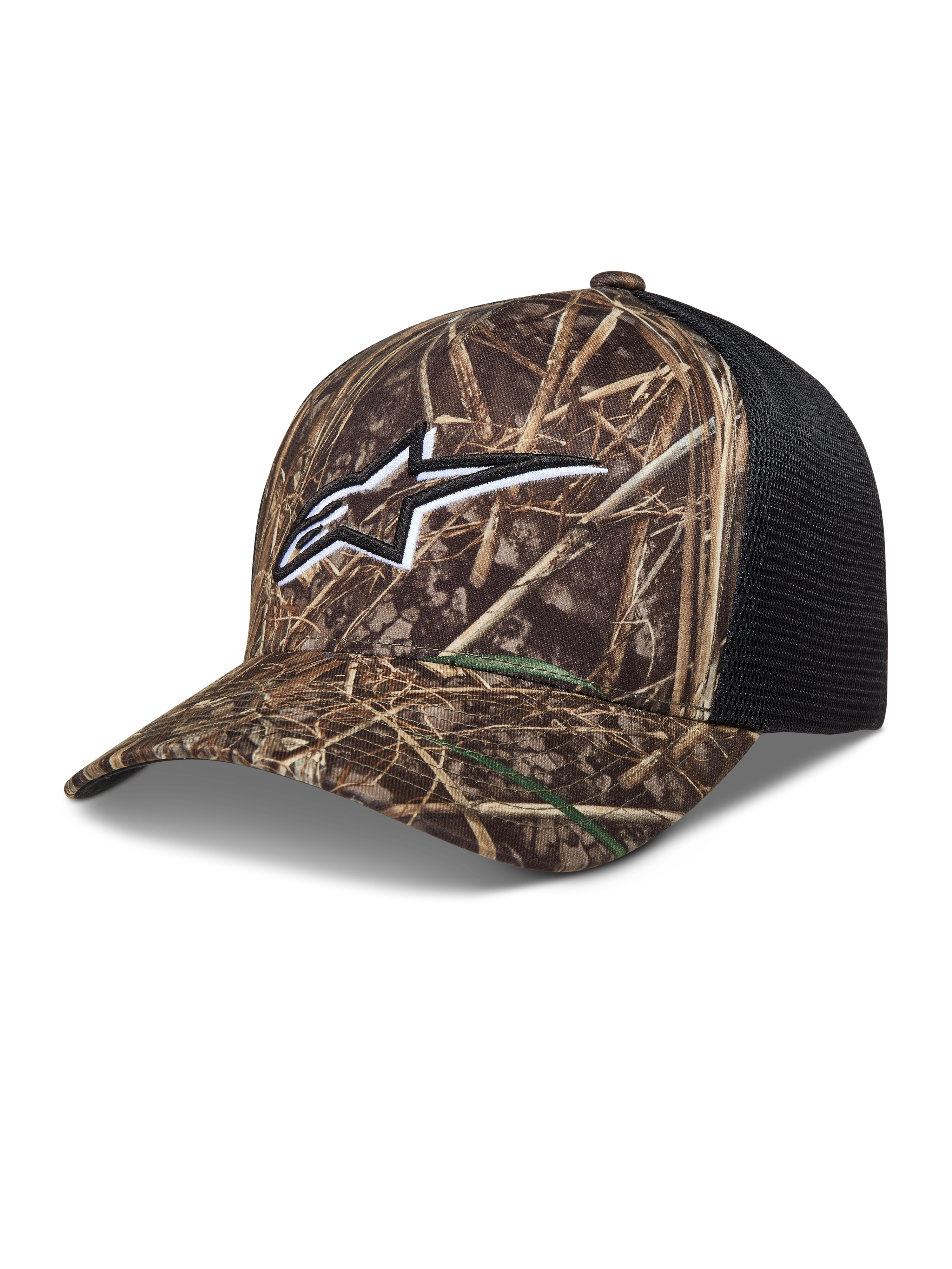 Alpinestars Thicket Realtree Cappellino Trucker, mimetico e nero con logo Astars bianco, visiera curva e retro in rete