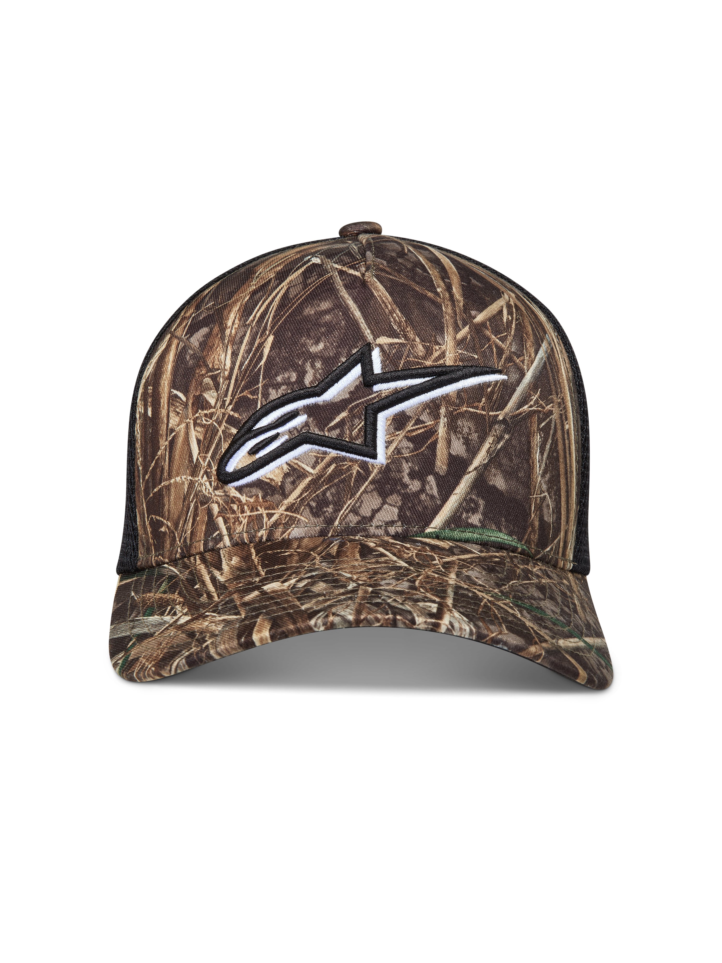 Alpinestars Thicket Realtree Cappellino Trucker, cappello mimetico e nero con logo Astars bianco ricamato e retro in rete