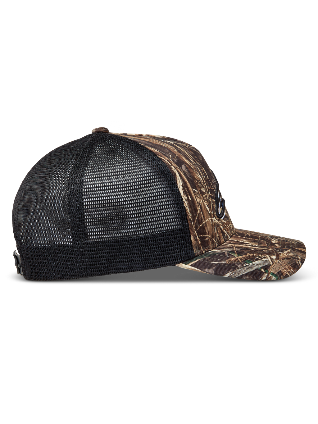 Alpinestars Thicket Realtree Cappellino Trucker mimetico e nero, vista laterale con visiera curva e rete traspirante.