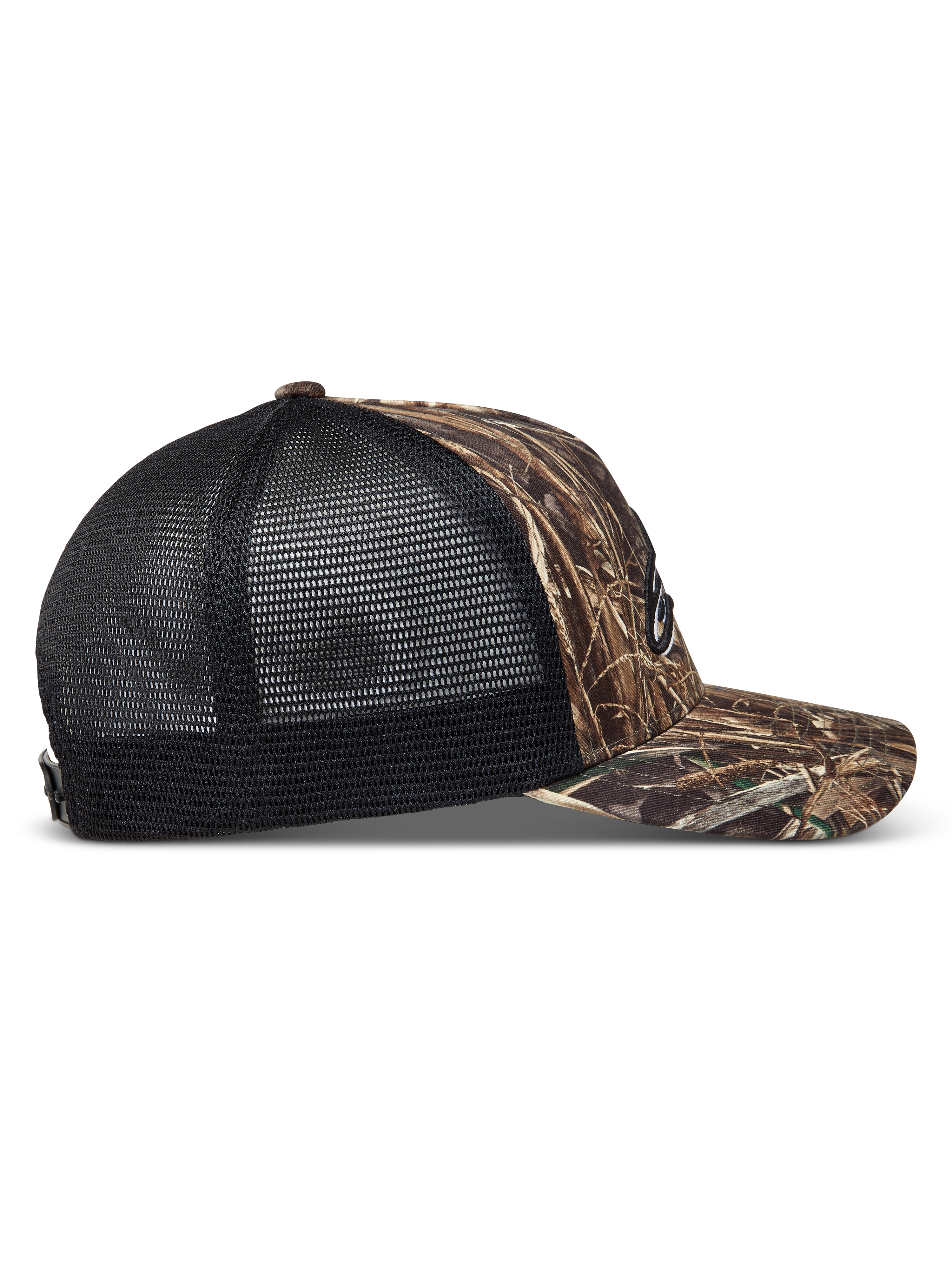 Alpinestars Thicket Realtree Cappellino Trucker mimetico e nero, vista laterale con visiera curva e rete traspirante.