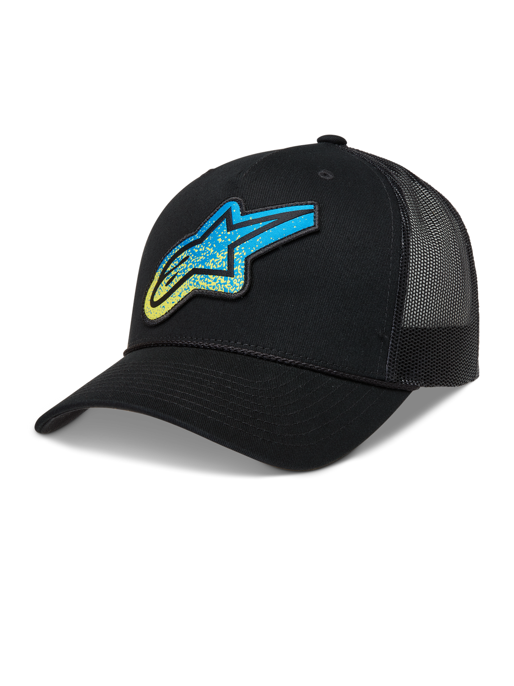 Alpinestars Meteorite Cappellino Trucker, cappello nero con logo Astars blu e giallo a trama ghiaia e retro in rete