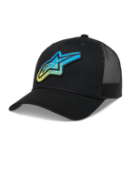 Alpinestars Meteorite Cappellino Trucker, cappello nero con logo Astars blu e giallo a trama ghiaia e retro in rete