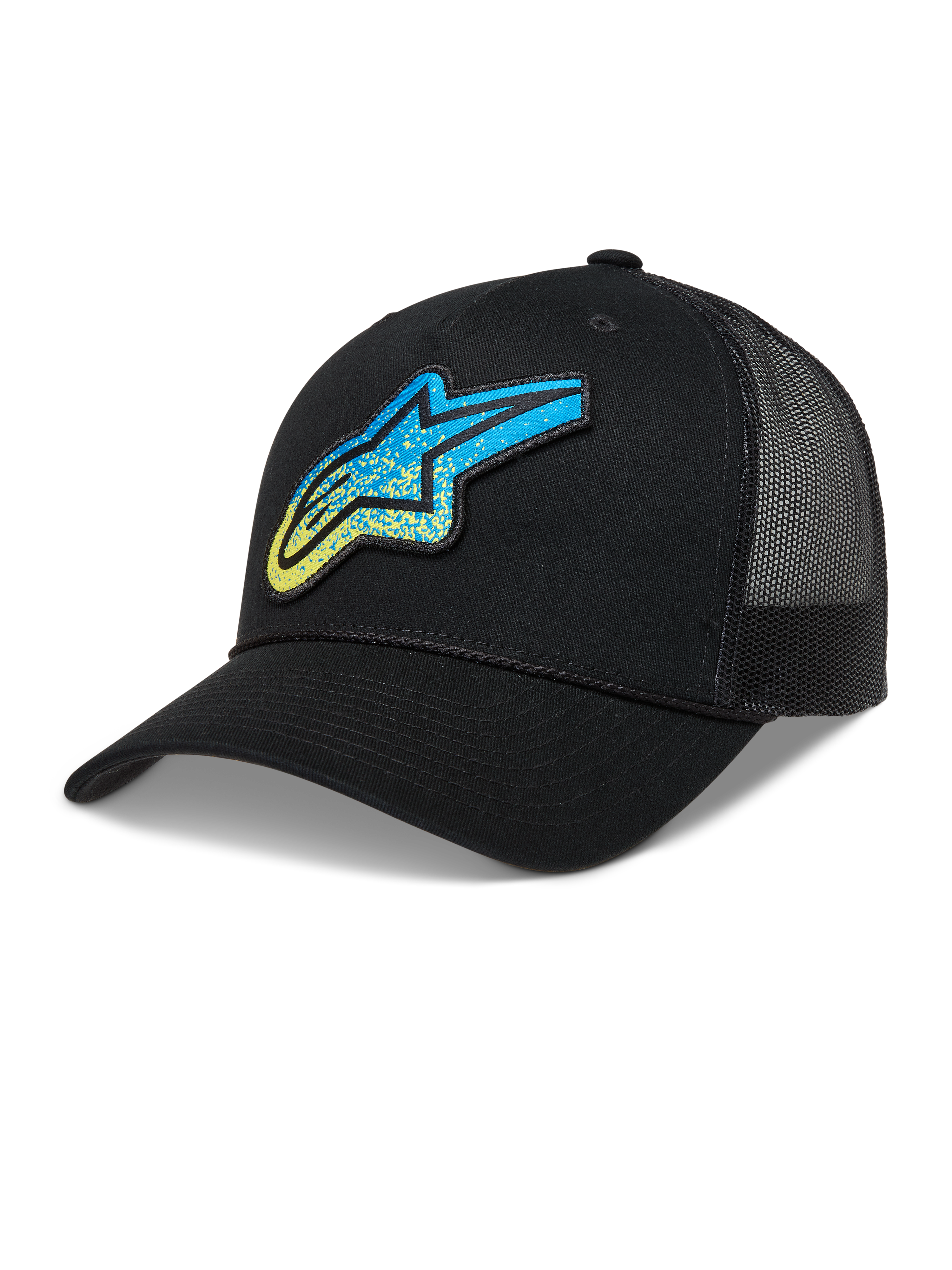 Alpinestars Meteorite Cappellino Trucker, cappello nero con logo Astars blu e giallo a trama ghiaia e retro in rete