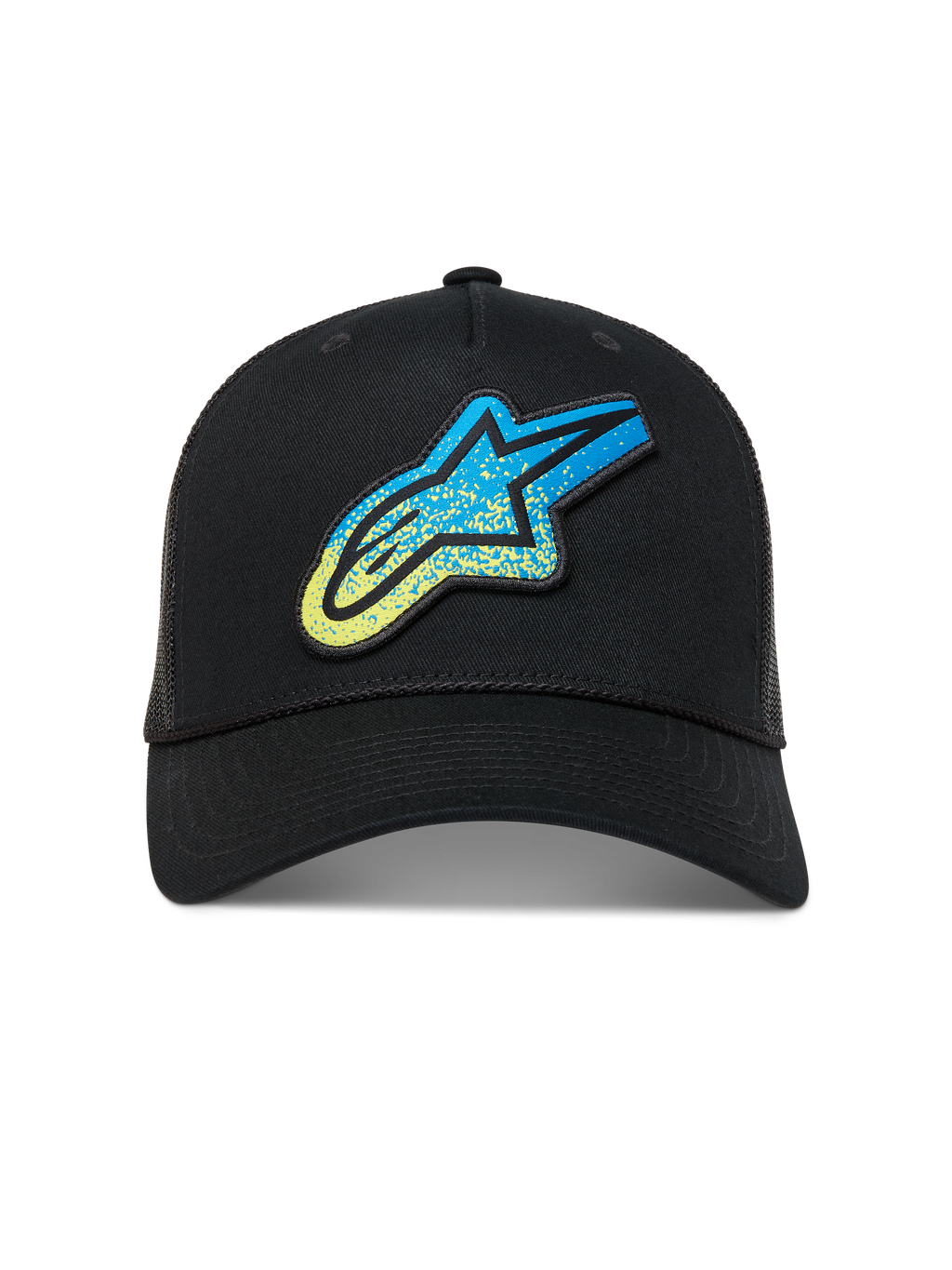 Alpinestars Meteorite cappellino trucker, cappellino da sportswear nero con logo Astars blu e giallo e retro in rete
