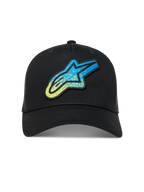 Alpinestars Meteorite cappellino trucker, cappellino da sportswear nero con logo Astars blu e giallo e retro in rete