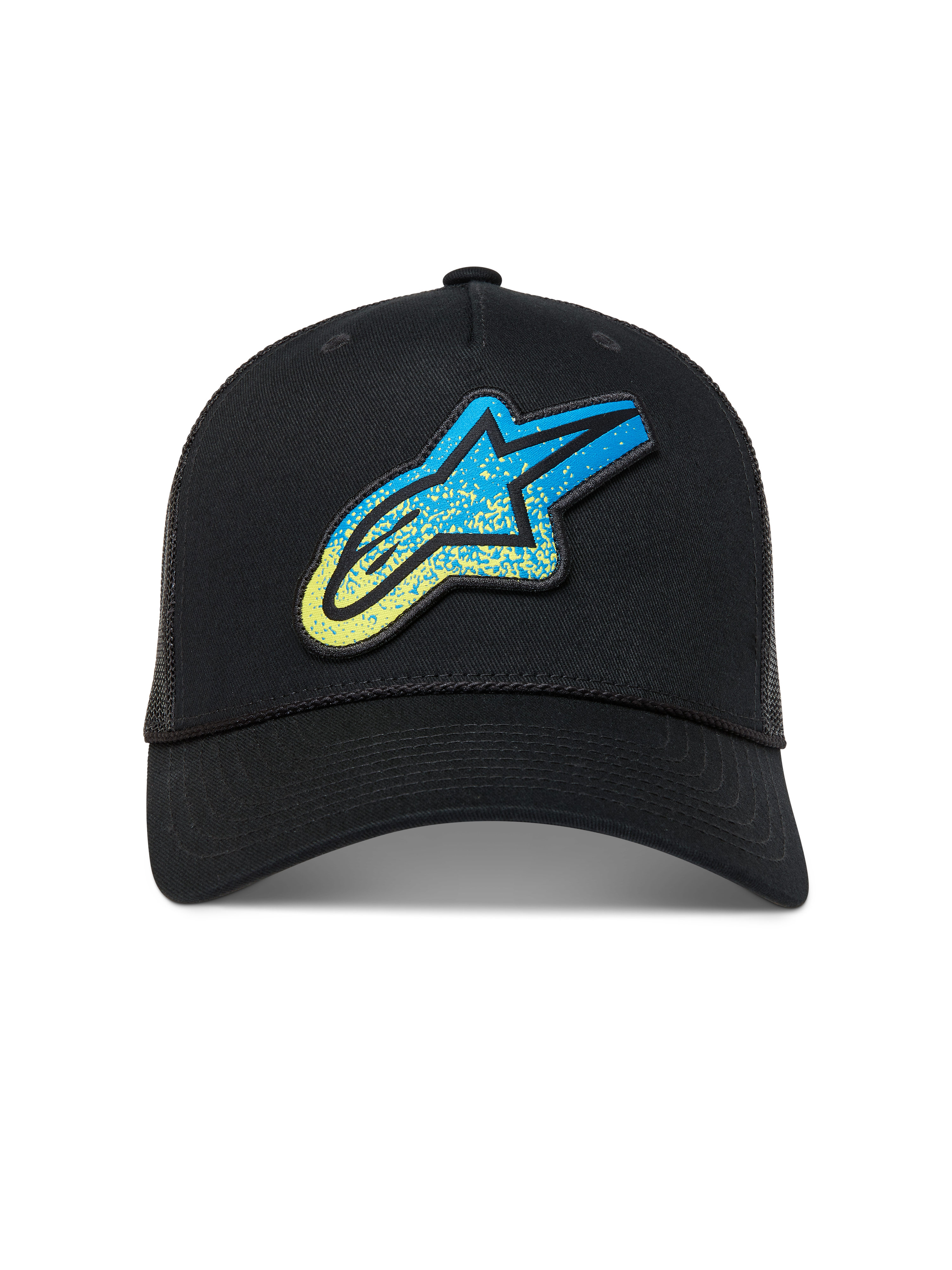 Alpinestars Meteorite cappellino trucker, cappellino da sportswear nero con logo Astars blu e giallo e retro in rete