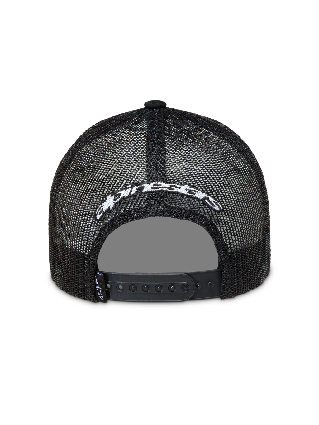 Alpinestars Meteorite cappellino trucker, cappello sportivo nero con rete, logo ricamato bianco e chiusura snapback.