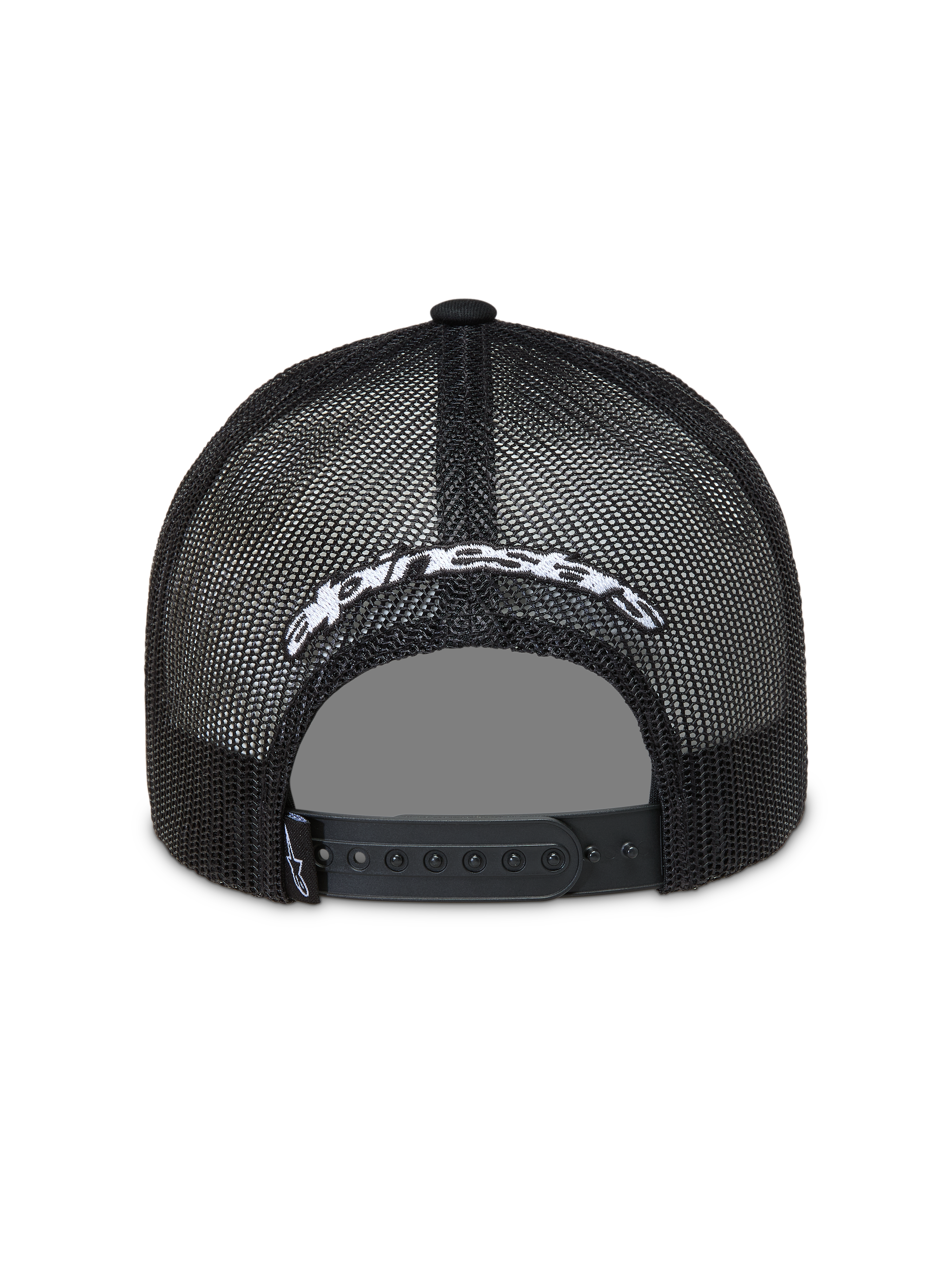 Alpinestars Meteorite cappellino trucker, cappello sportivo nero con rete, logo ricamato bianco e chiusura snapback.