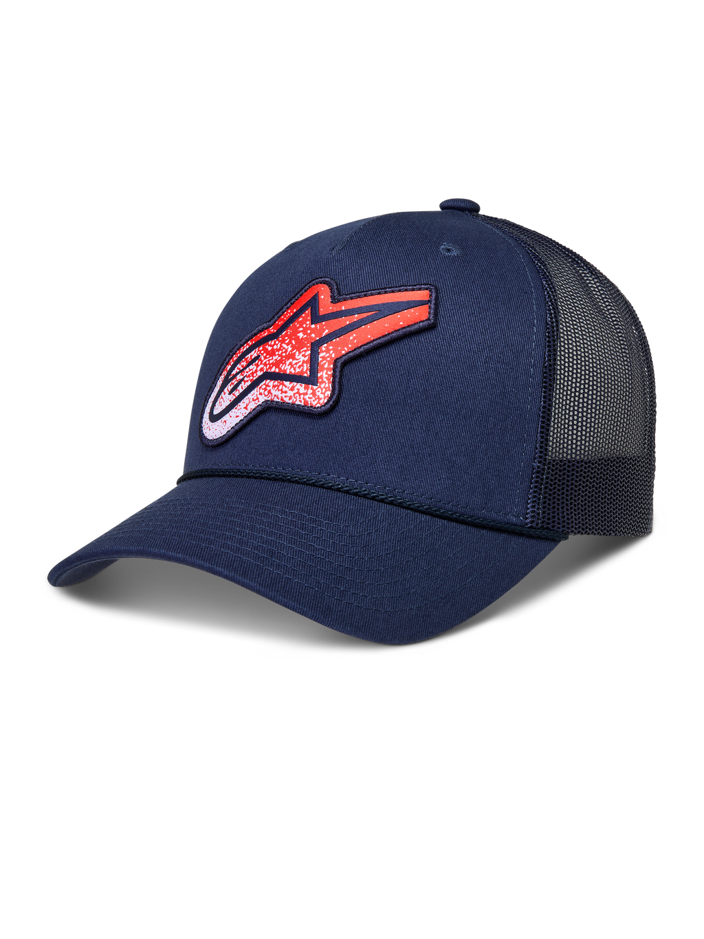 Alpinestars cappello Meteorite Trucker, cappello lifestyle sportswear, blu navy e rosso, corona strutturata, visiera curva, retro in rete traspirante e logo Astars a trama ghiaia.