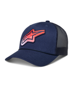 Alpinestars cappello Meteorite Trucker, cappello lifestyle sportswear, blu navy e rosso, corona strutturata, visiera curva, retro in rete traspirante e logo Astars a trama ghiaia.