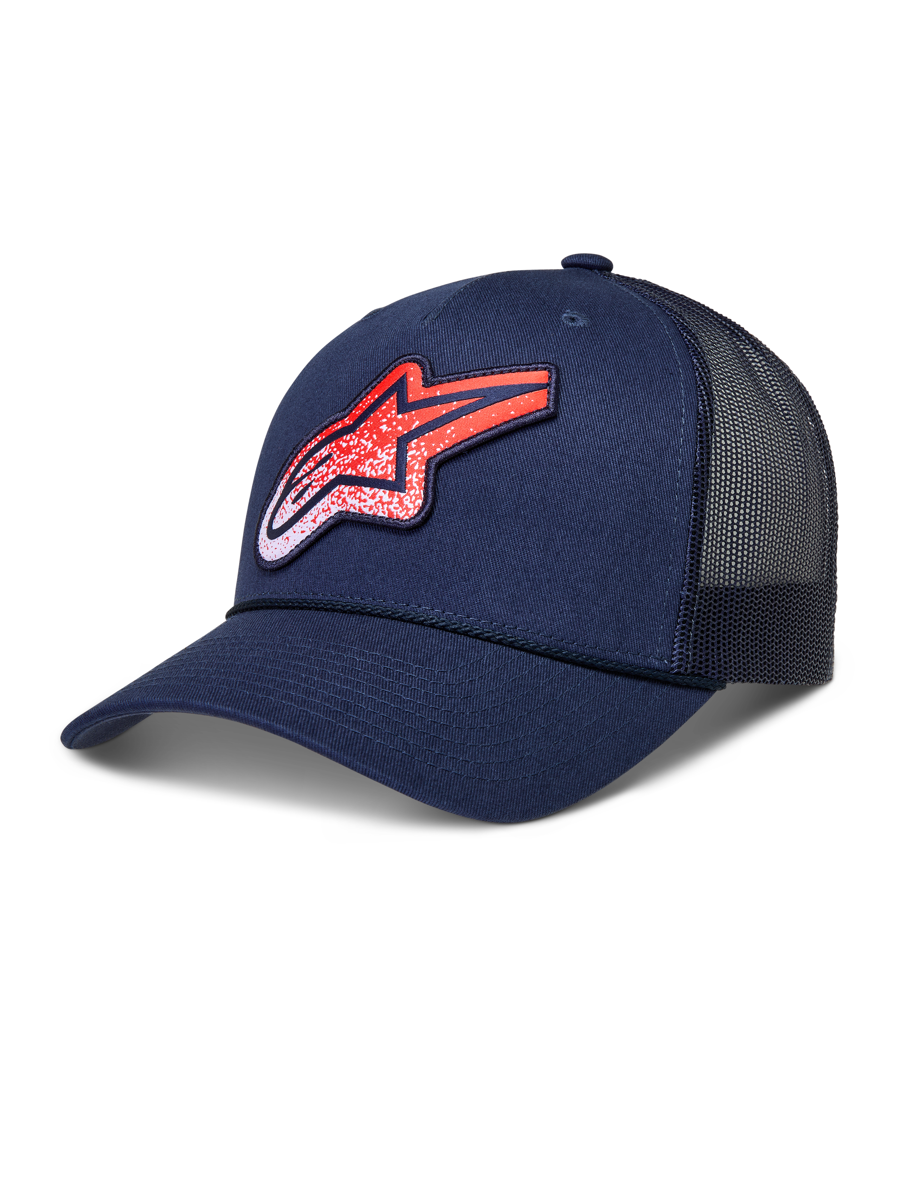 Alpinestars cappello Meteorite Trucker, cappello lifestyle sportswear, blu navy e rosso, corona strutturata, visiera curva, retro in rete traspirante e logo Astars a trama ghiaia.