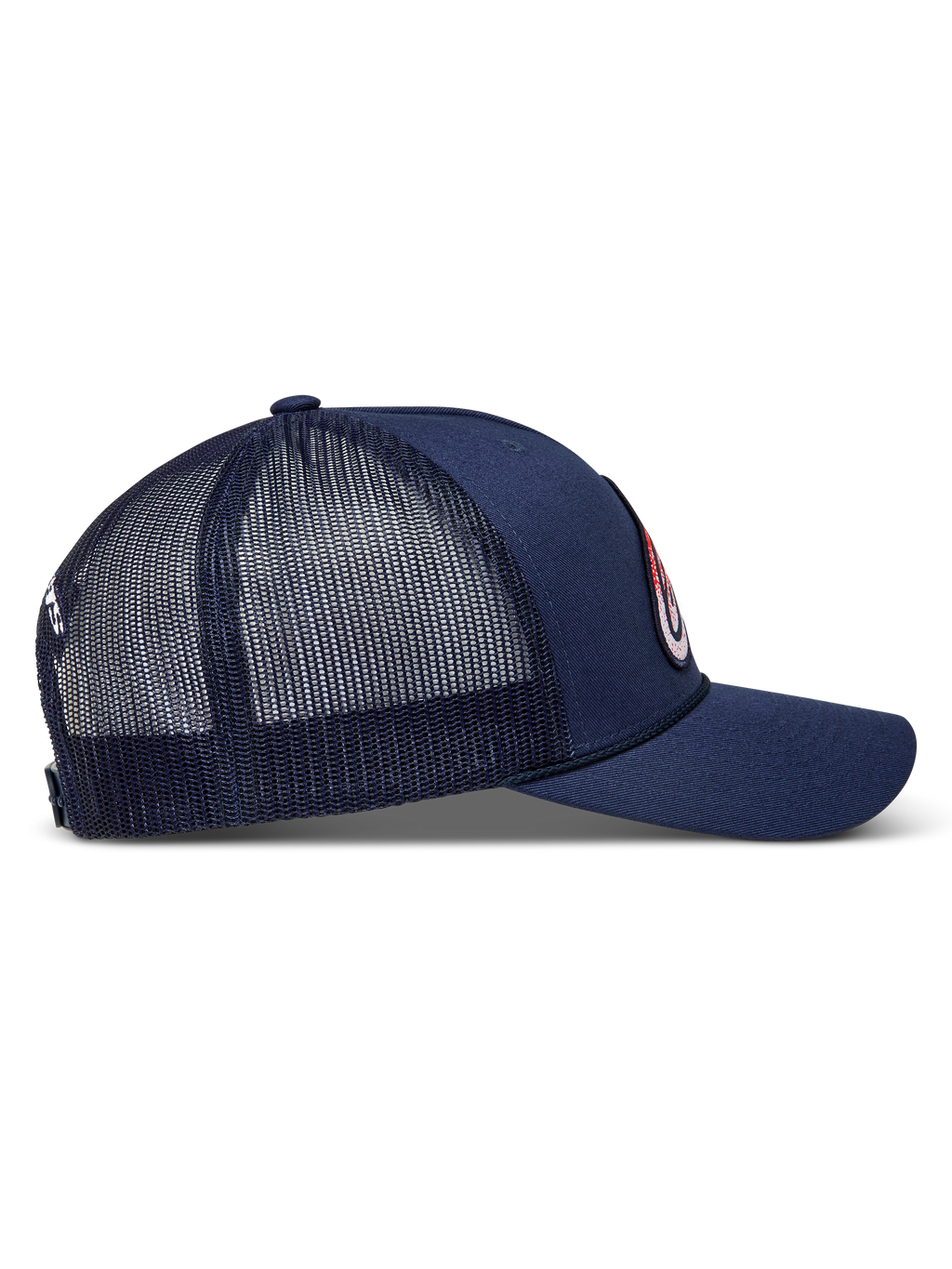 Alpinestars Meteorite cappellino trucker, cappello blu con visiera curva, corona strutturata e retro in rete, vista laterale.