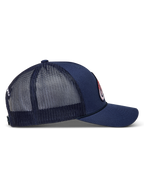 Alpinestars Meteorite cappellino trucker, cappello blu con visiera curva, corona strutturata e retro in rete, vista laterale.
