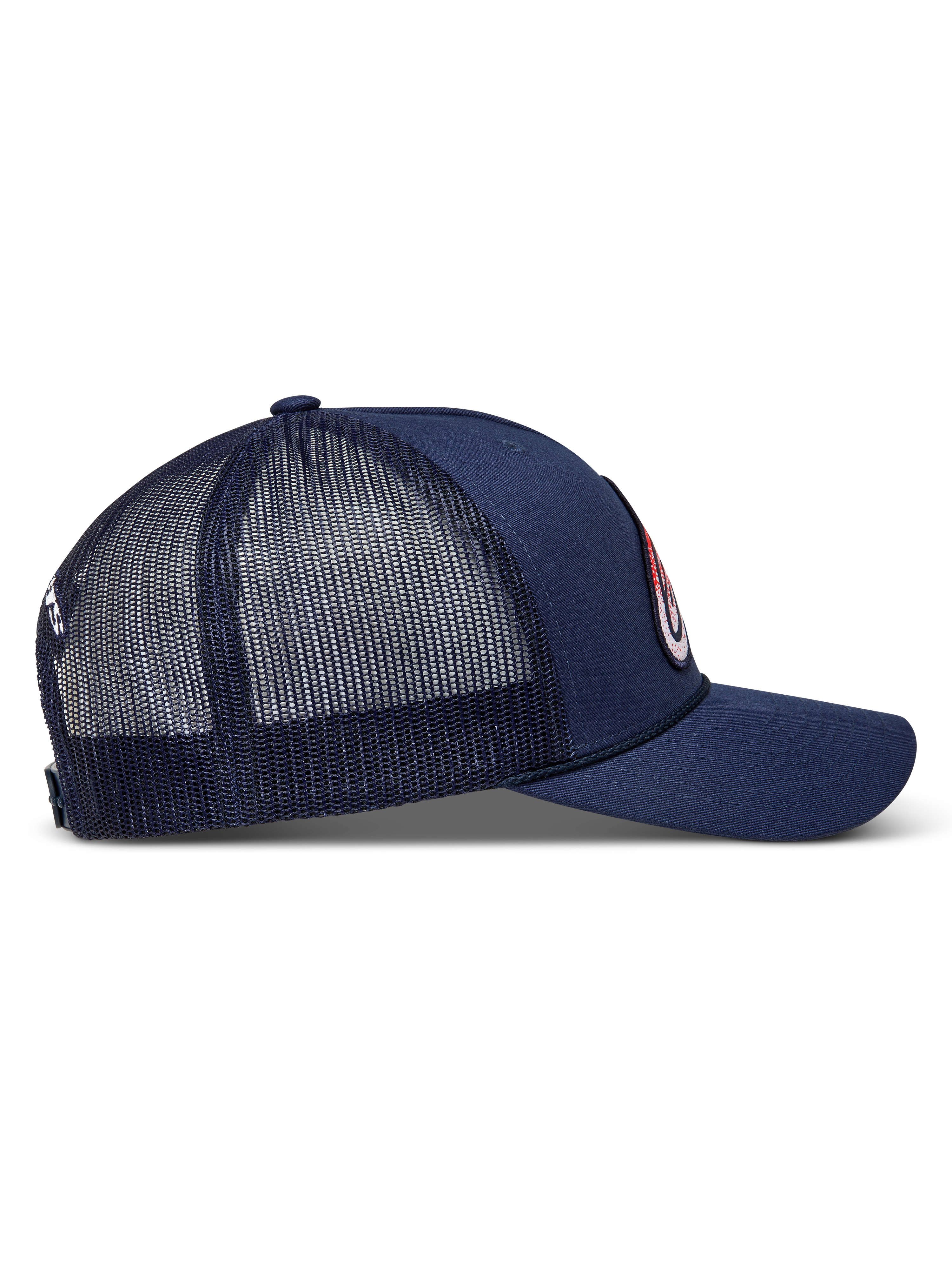 Alpinestars Meteorite cappellino trucker, cappello blu con visiera curva, corona strutturata e retro in rete, vista laterale.