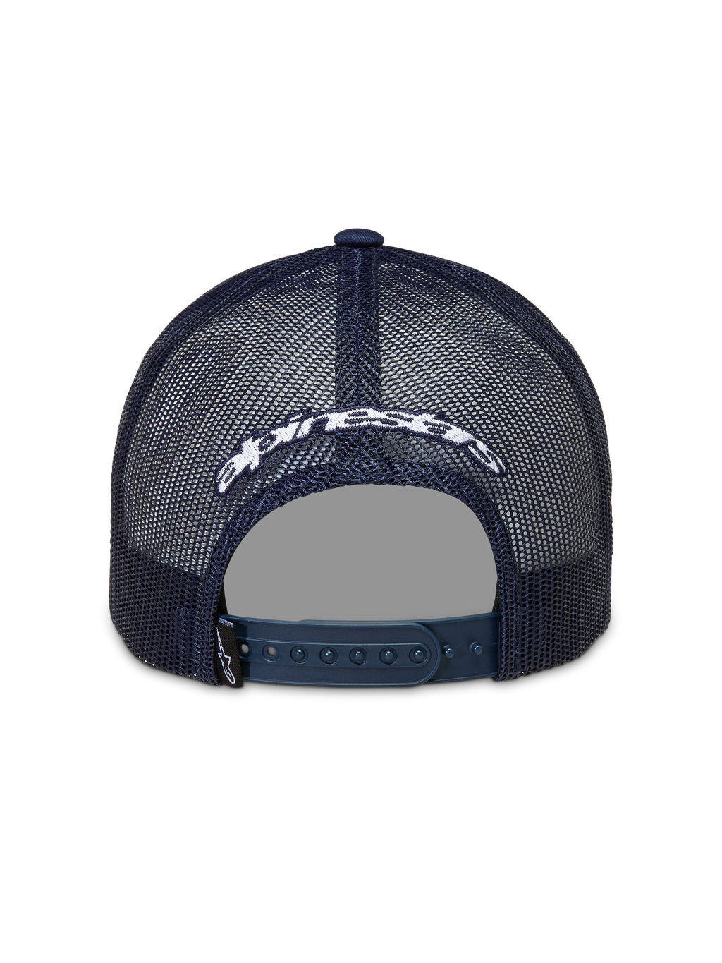 Alpinestars Meteorite Cappellino Trucker, vista posteriore in rete blu con logo bianco e chiusura snapback.