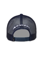 Alpinestars Meteorite Cappellino Trucker, vista posteriore in rete blu con logo bianco e chiusura snapback.