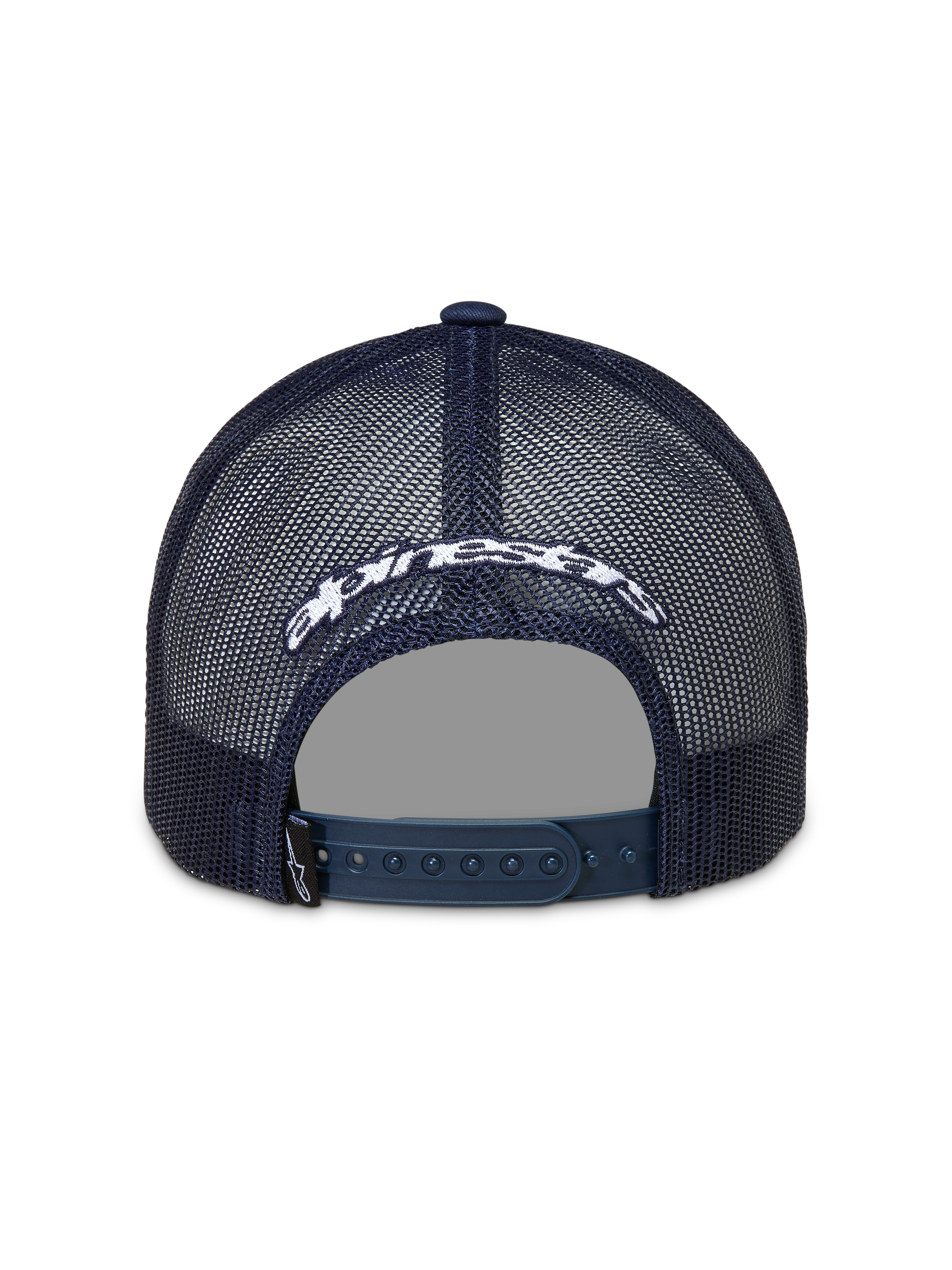 Alpinestars Meteorite Cappellino Trucker, vista posteriore in rete blu con logo bianco e chiusura snapback.
