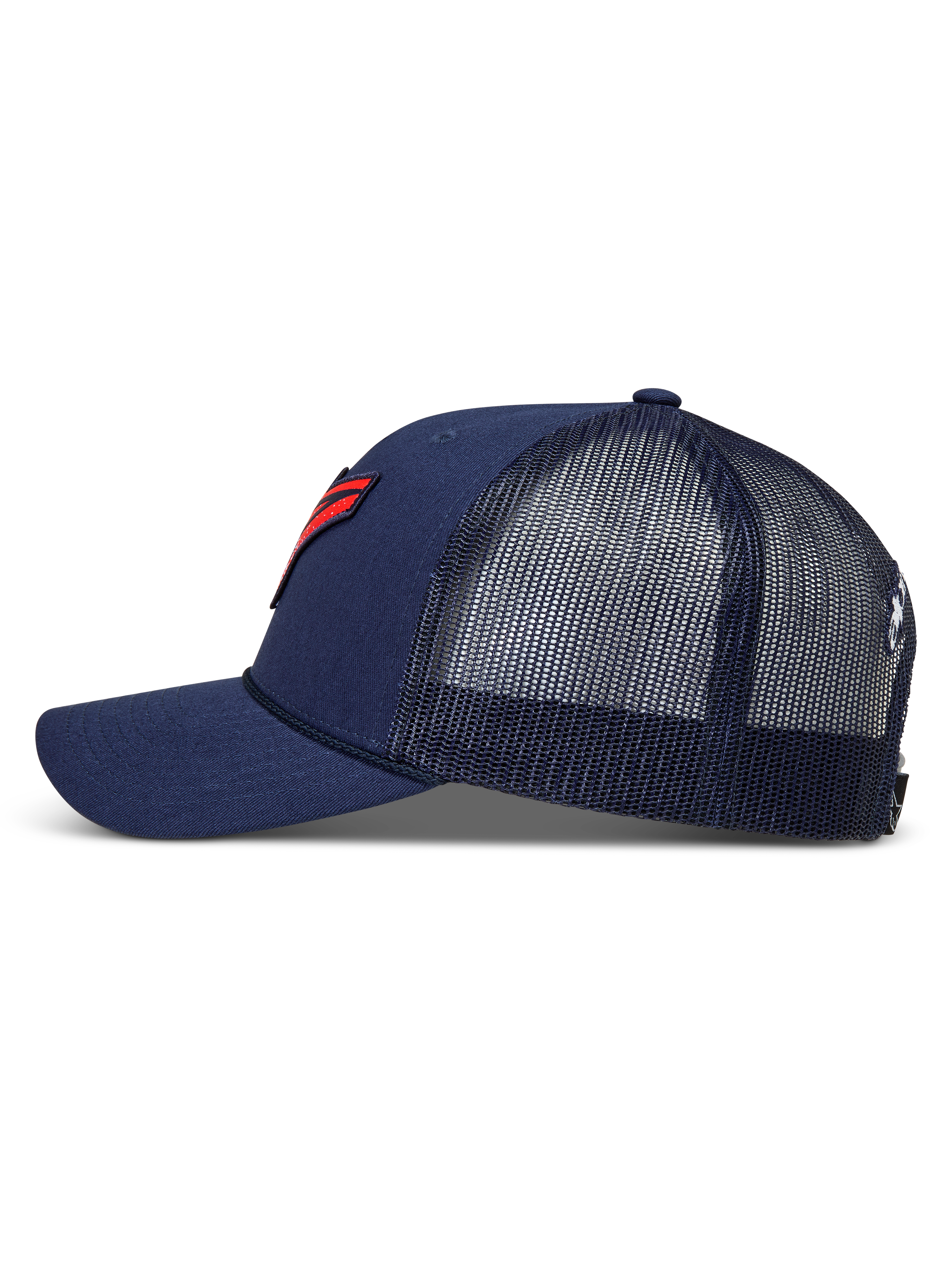 Alpinestars Meteorite Cappellino Trucker, cappello blu con retro in rete, visiera curva e logo Astars rosso a trama ghiaia, sportswear casual