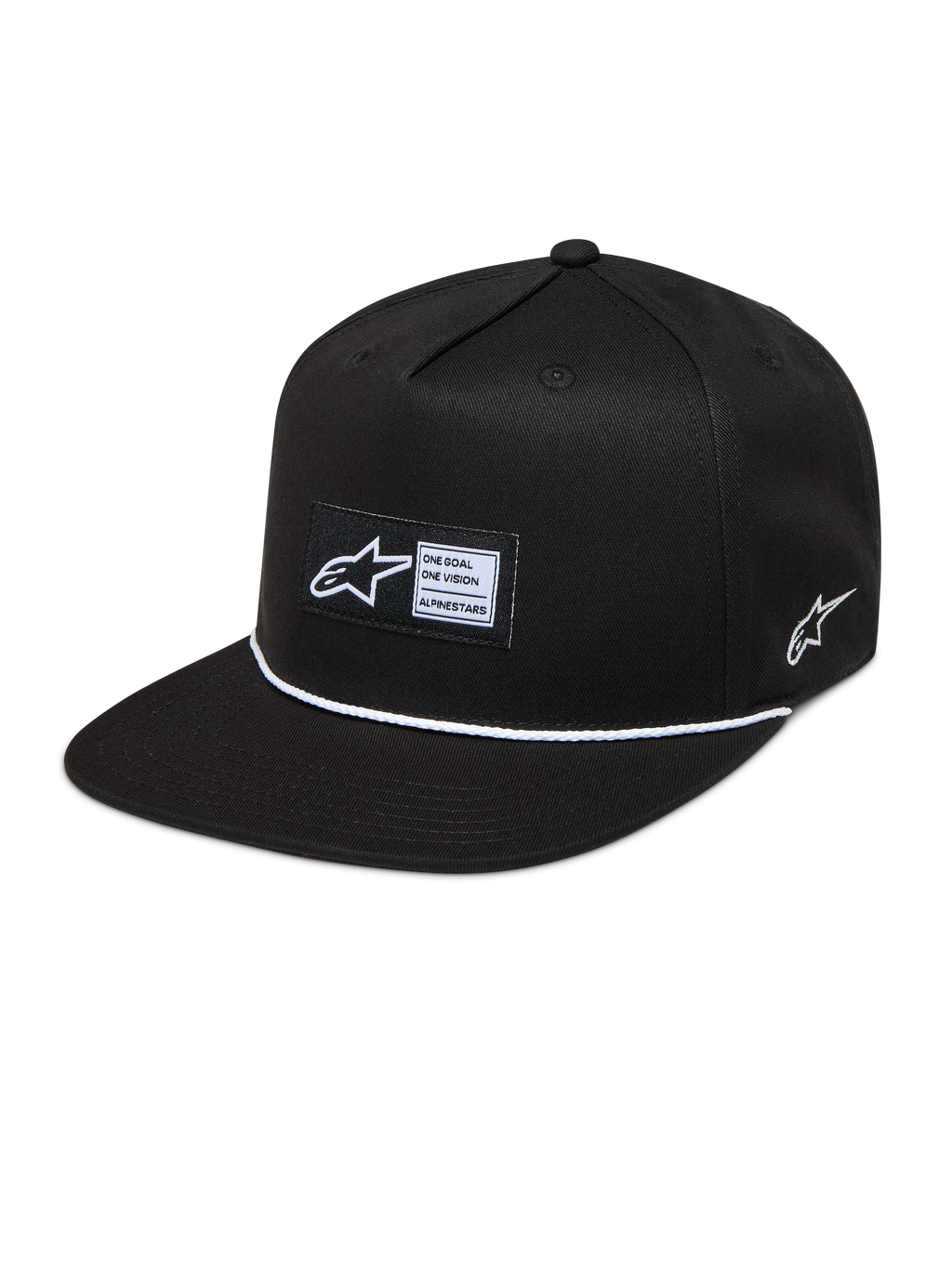 Alpinestars Label Snapback Cappello, cappello nero con visiera piatta, etichetta frontale e cordino bianco, stile sportswear
